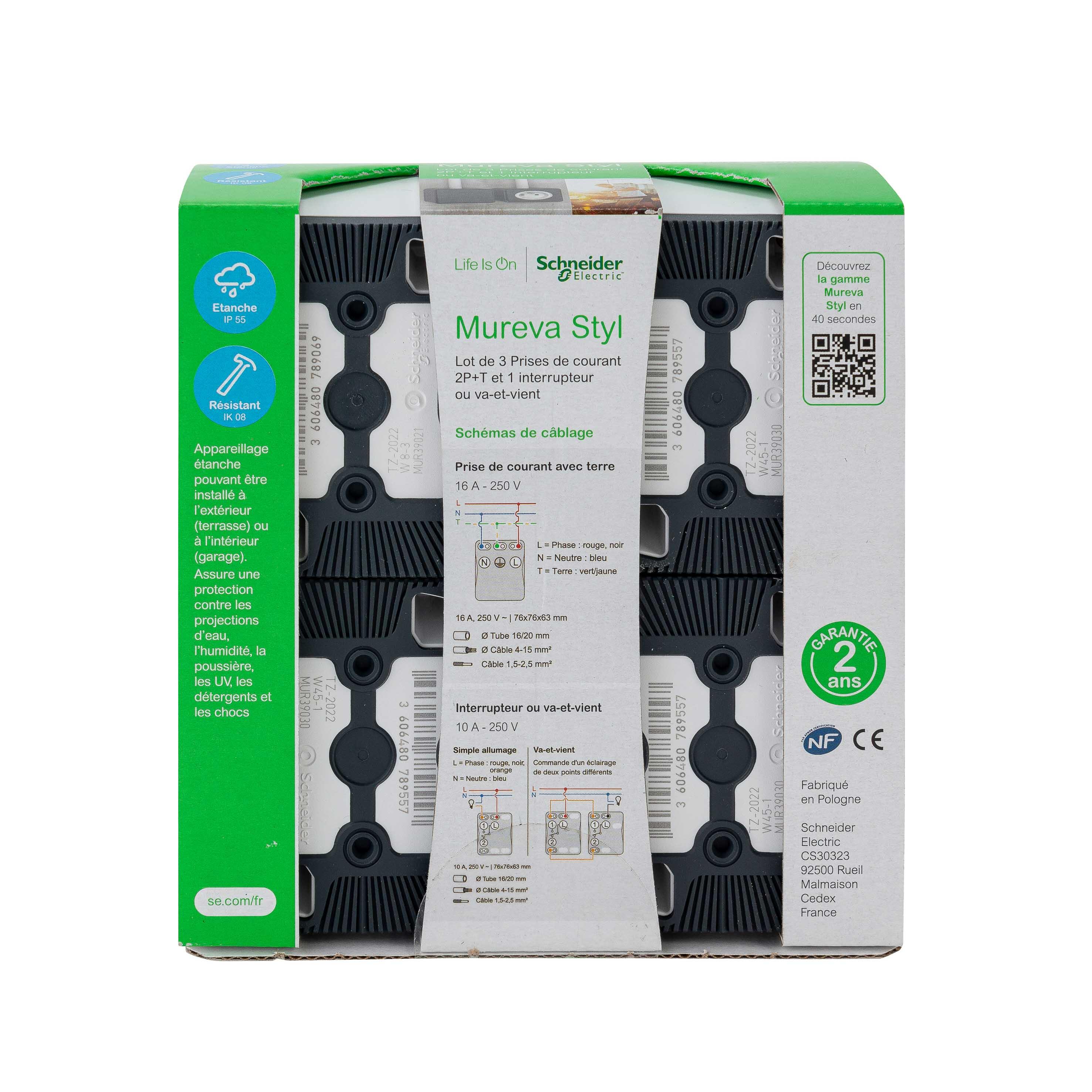 Lot 3 prises avec terre et 1 interrupteur Mureva Styl, SCHNEIDER ELECTRIC, blanc - 9