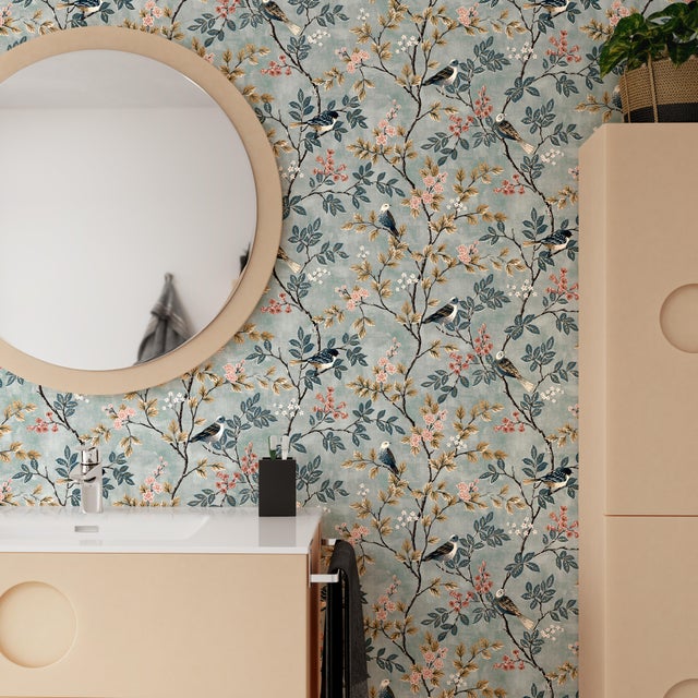 Papel pintado Vinilo Animales azul Romántico SUPERFRESCO EASY. De 52cm x 10.05m. Limpieza con paño húmedo. Método de pegado: aplicación cola en pared