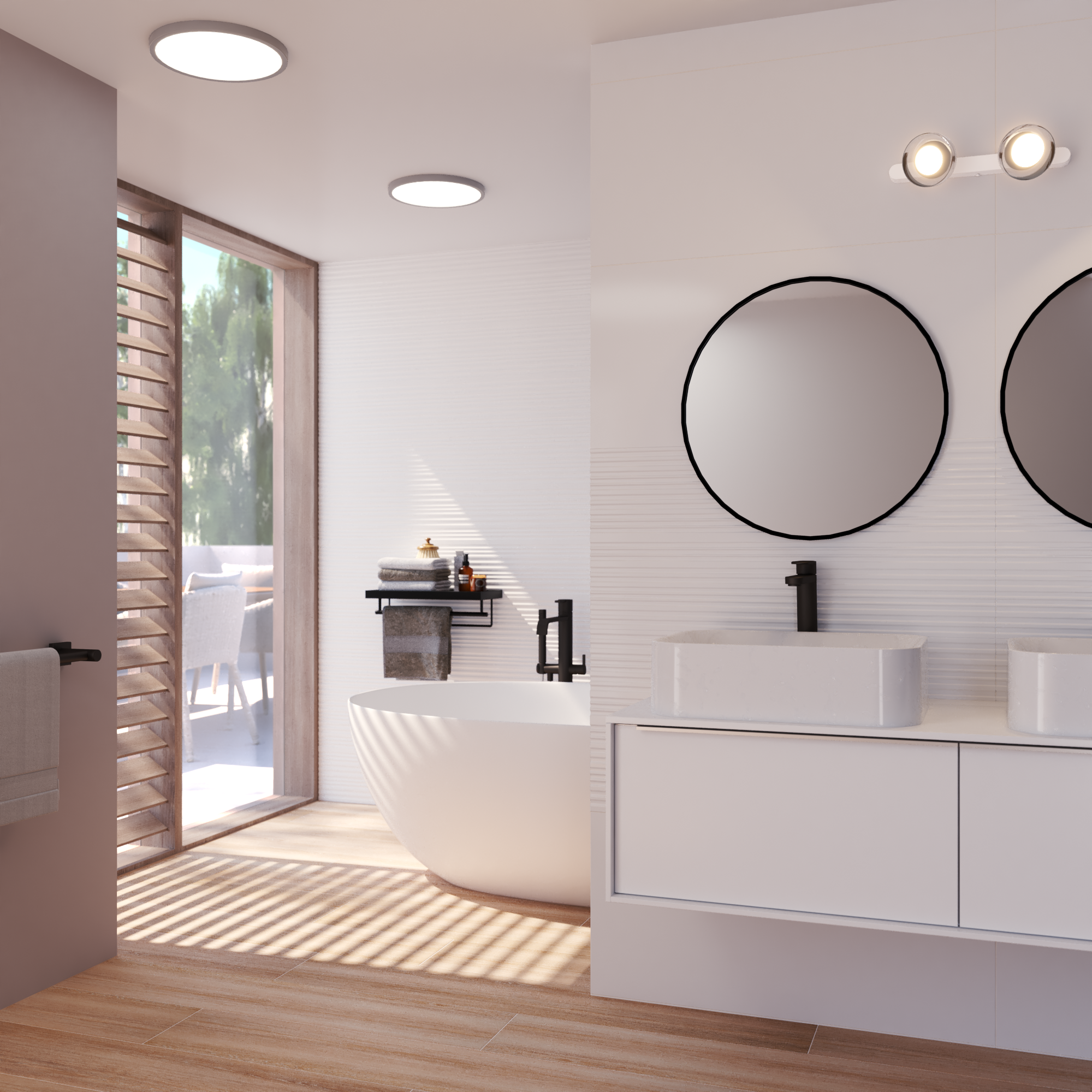 Downlight LED de superficie INSPIRE SANOA dorado redondo ø30 cm 3600 lm 25.5 W luz CCT 2700K-4000KK CRI 89-80 luz natural y fiel IP44 - Foco LED de superficie para baños - 2