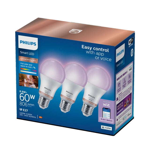 Set da 3 lampadine LED, E27 goccia, smerigliato, luce cct e rgb, 8.5W= 806 LM (equiv 8.5 W), 360° dimmerabile, PHILIPS