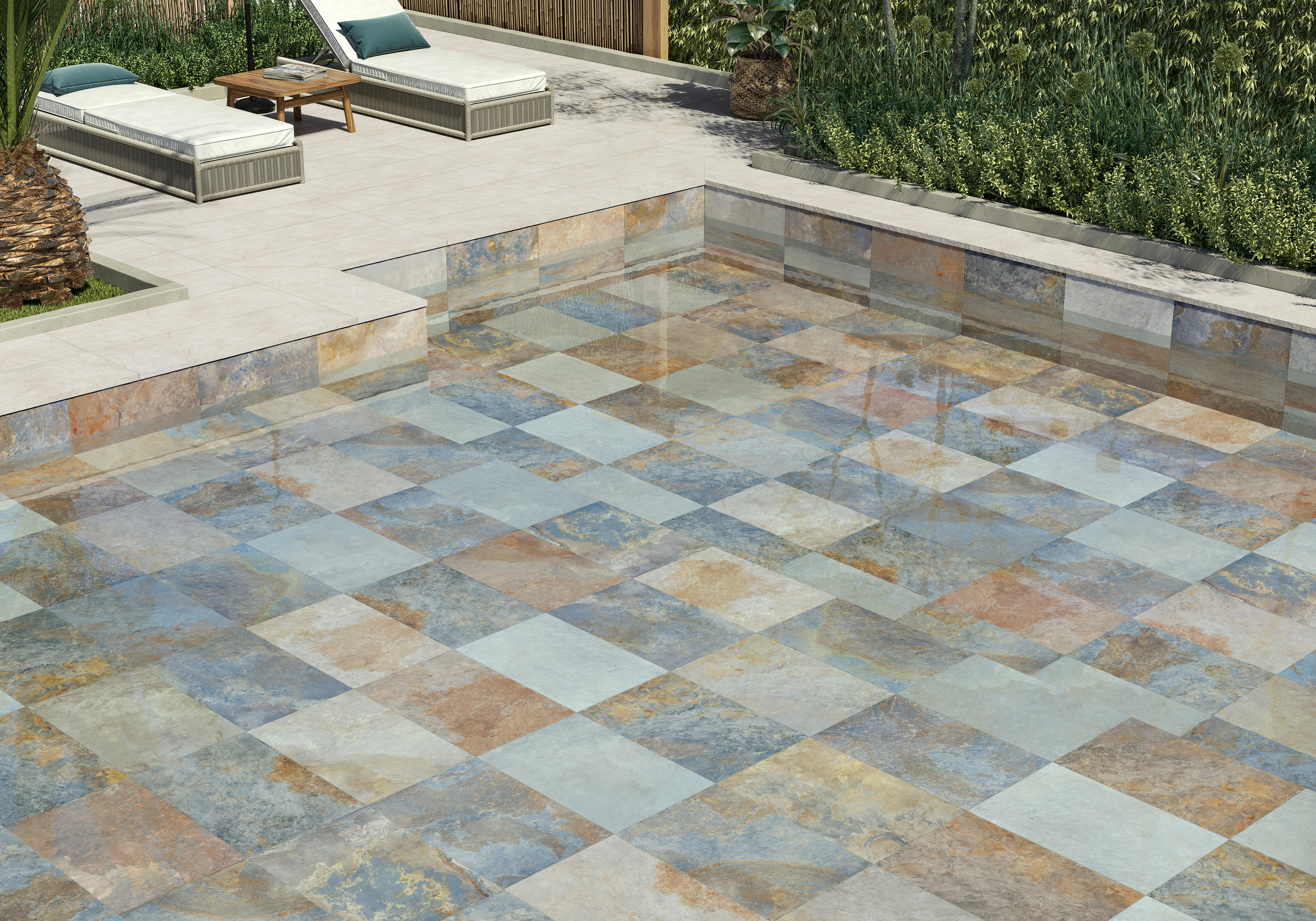 Suelo/azulejo piscina porcelánico phuket efecto piedra marron beige gris 44x66 cm c3