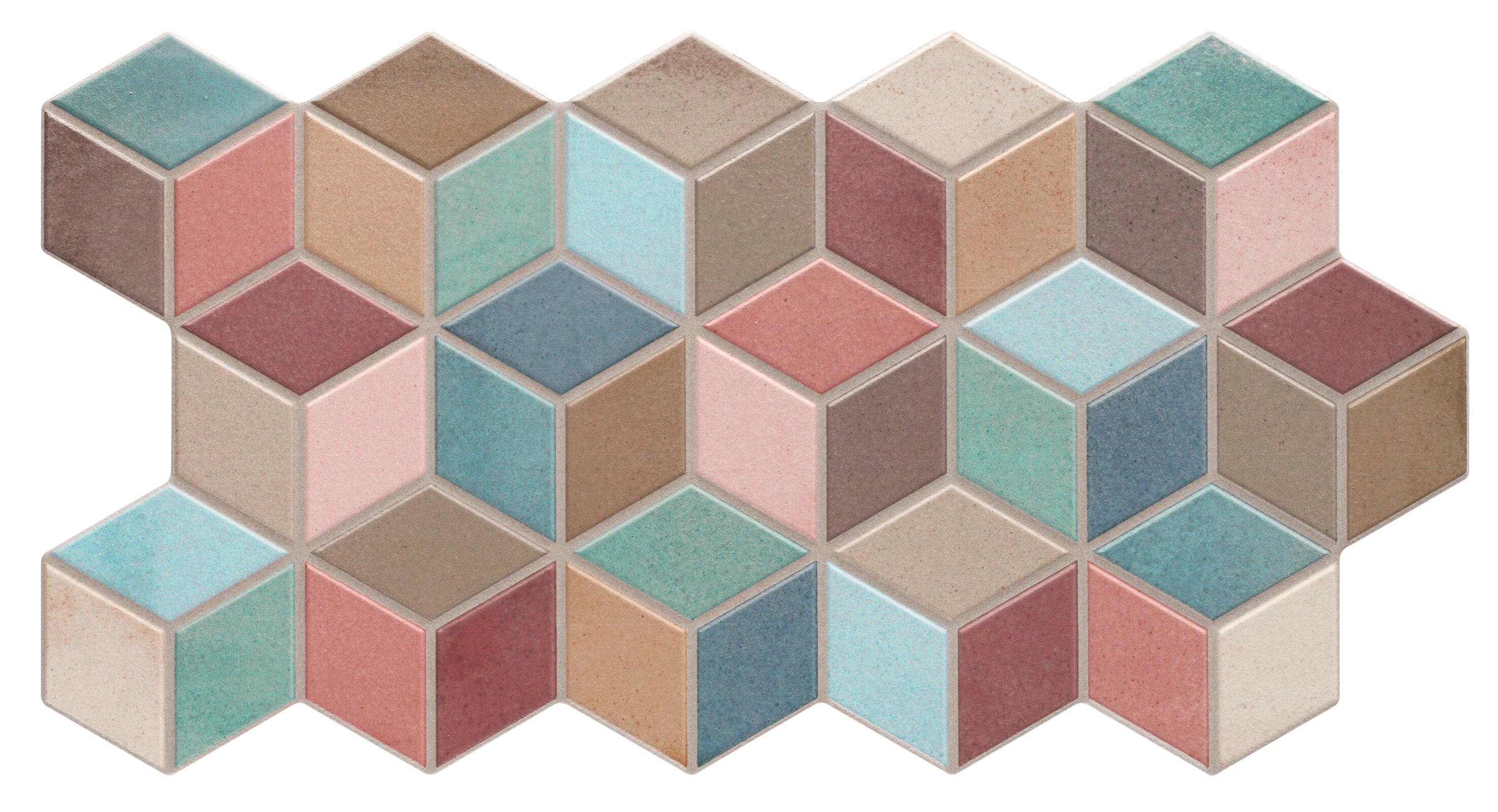 Azulejo porcelánico rhombus efecto azul, verde, rosa, marrón, granate 26.5x51 cm