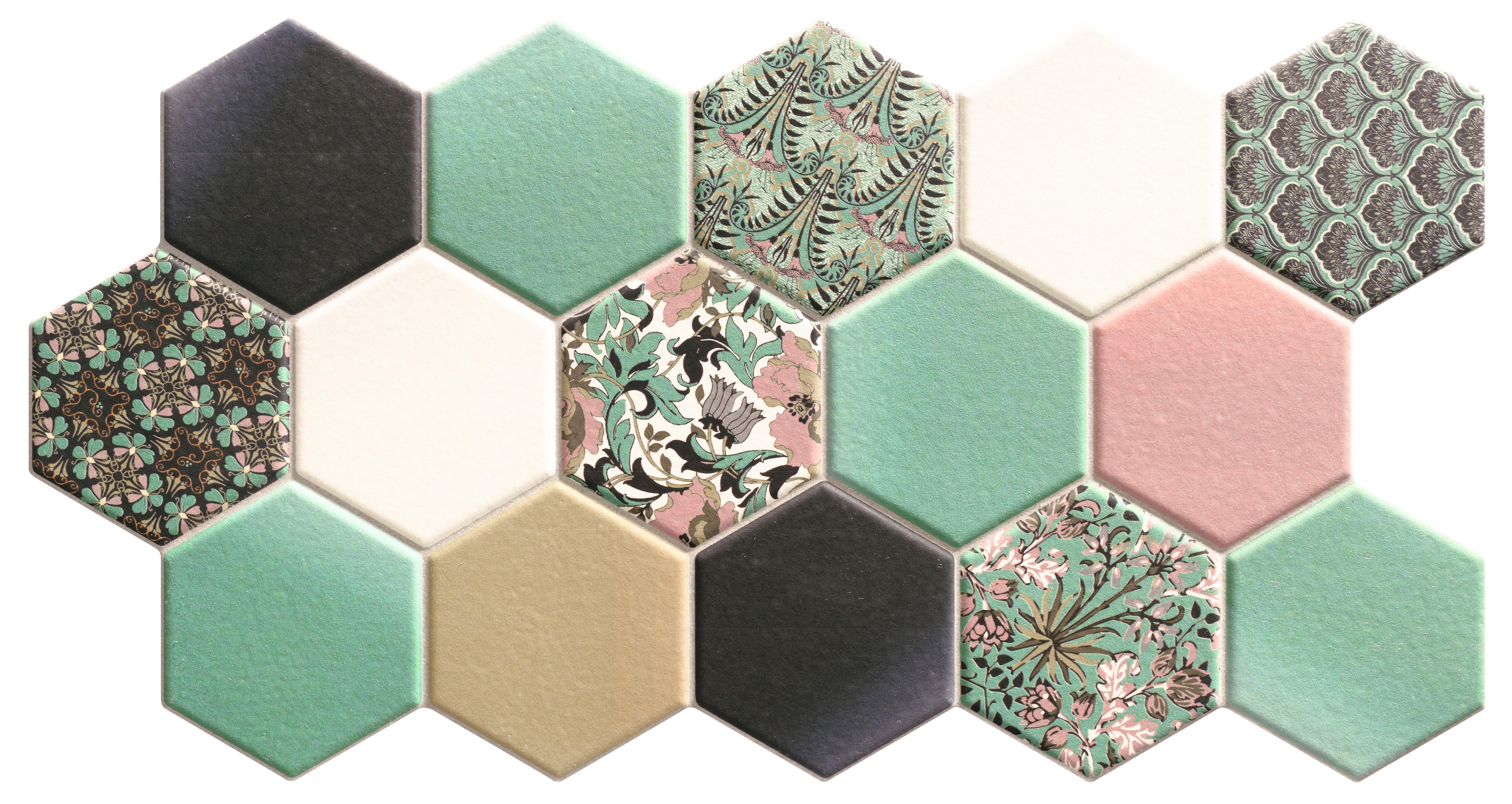 Suelo/azulejo porcelánico hex efecto hidráulico/papel pintado nouveau verde 26.5x51 cm c1