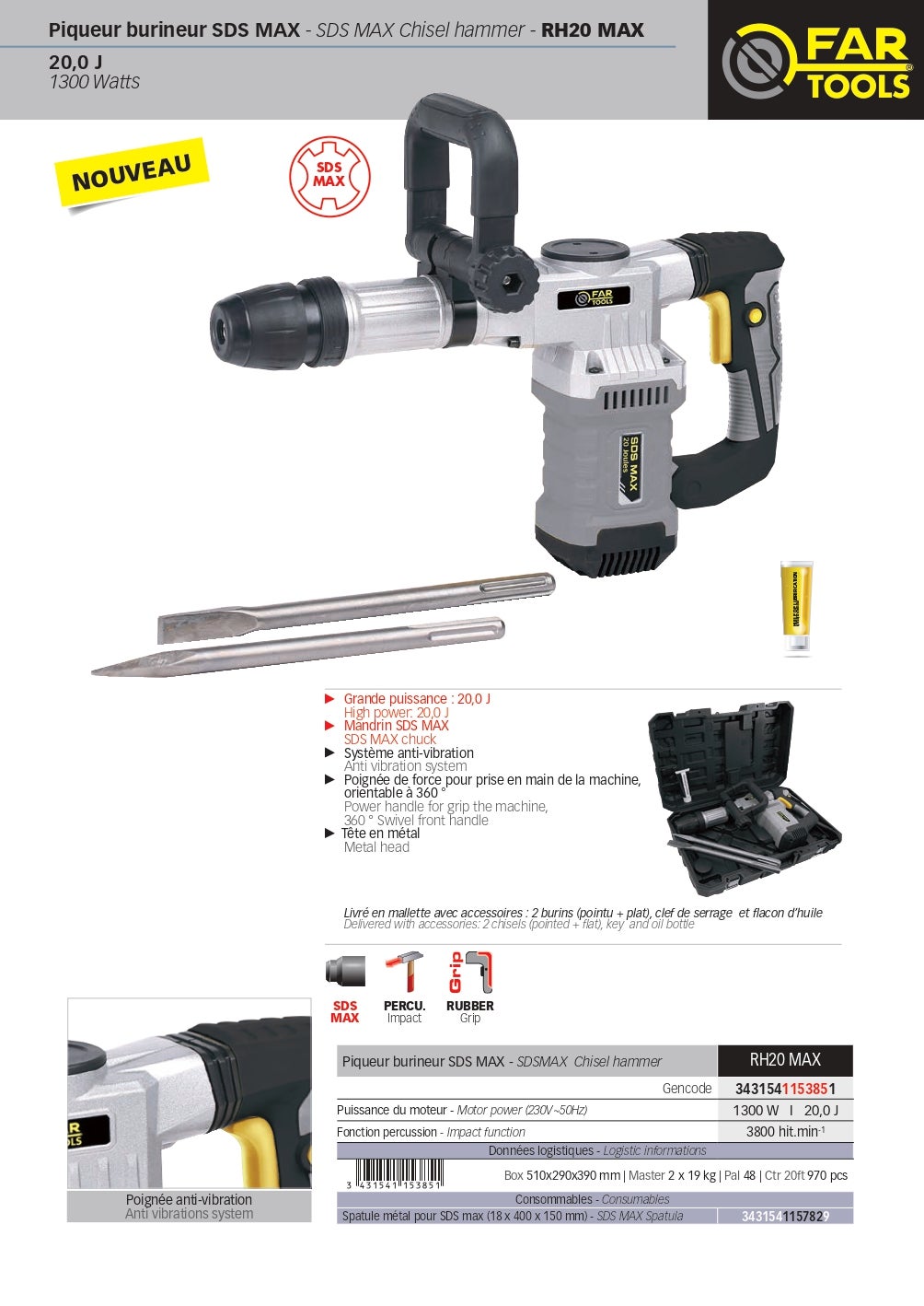 Marteau perforateur filaire FARTOOLS 115385, 1300 W - 3