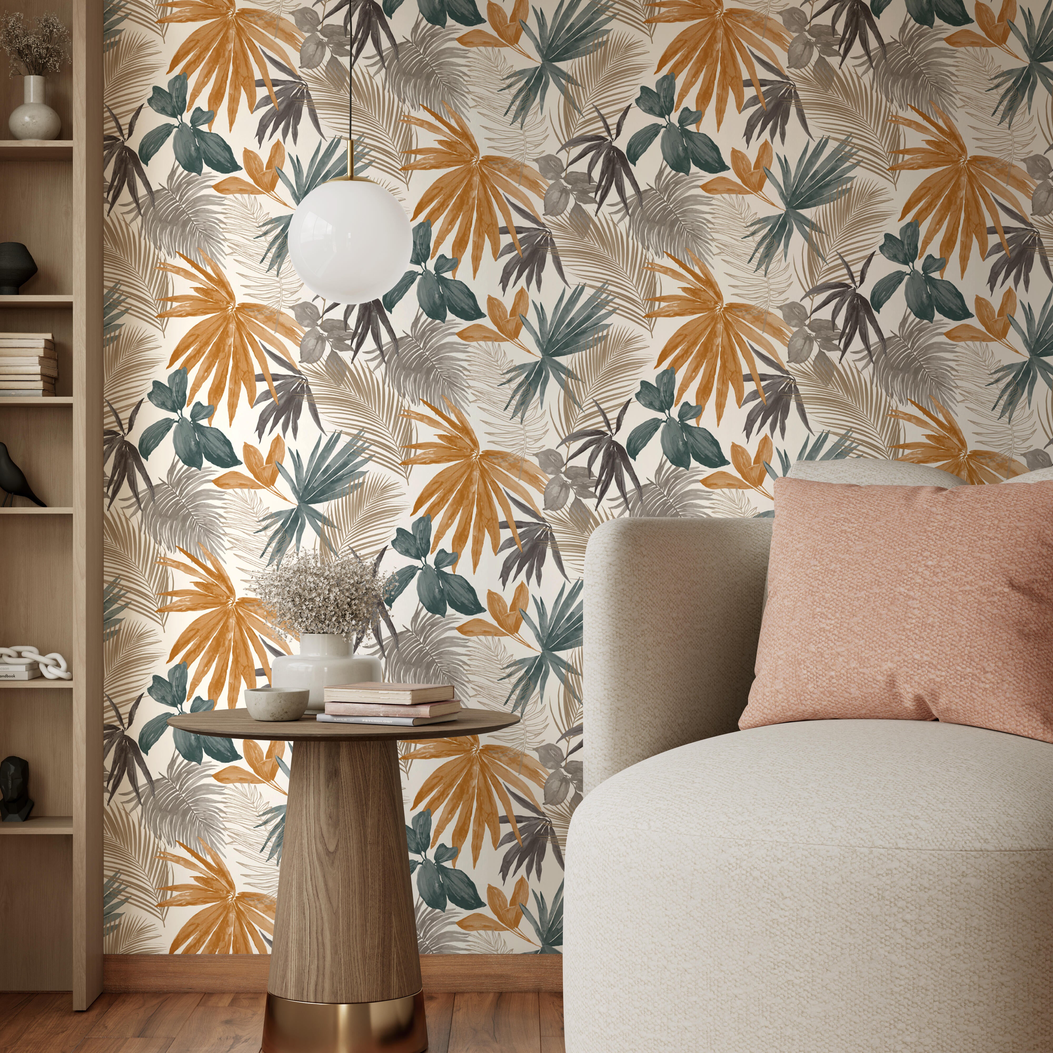 Papel pintado vinilo aplicación cola en pared Naturaleza Jungla tropical curry amarillo  GRANDECOLIFE 53cmx10.05m lavable - 2