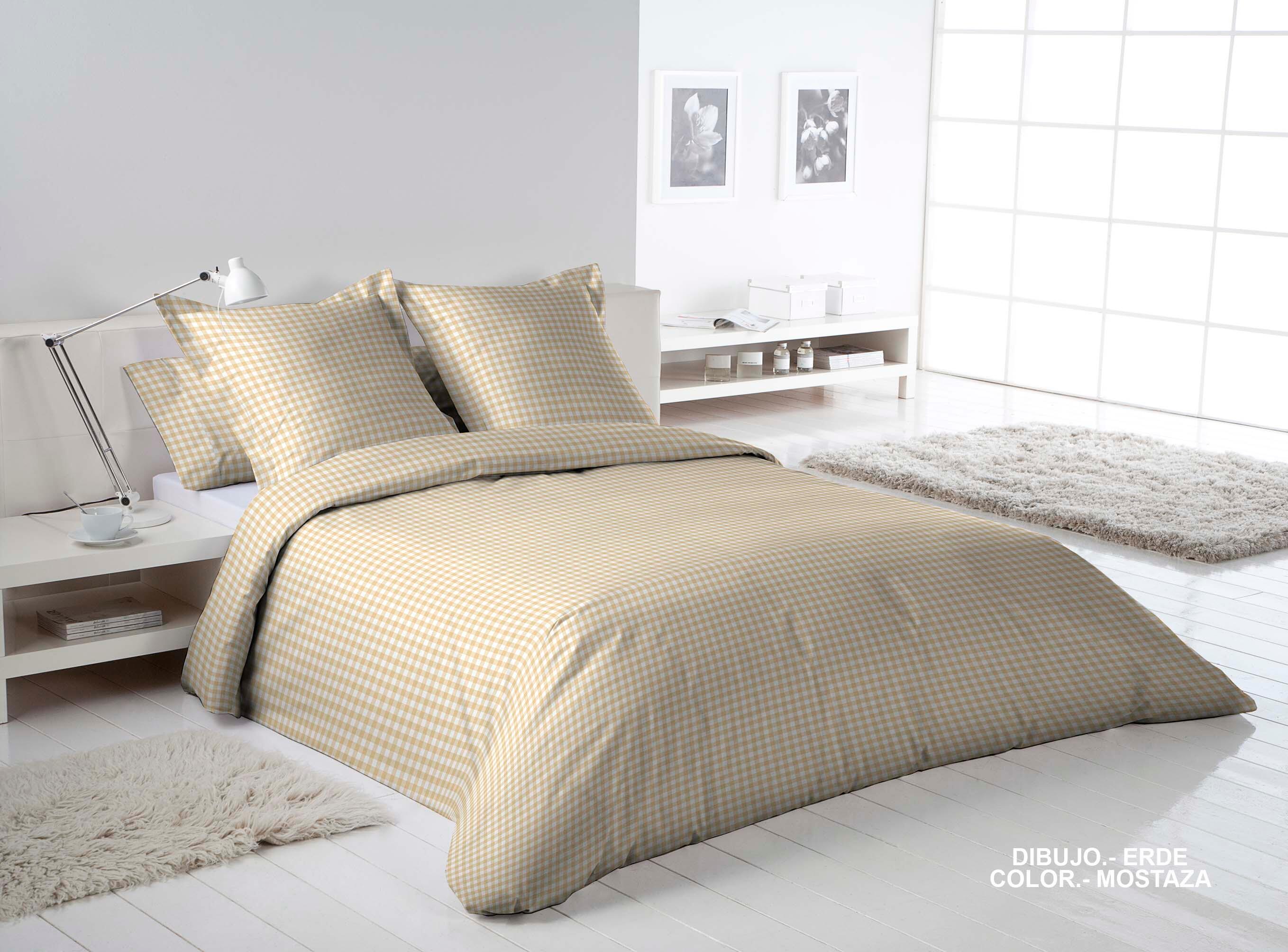 Funda nórdica + 1 funda de almohada cuadro Vichy algodón percal 180 hilos mostaza blanco para cama de 105 cm - 5