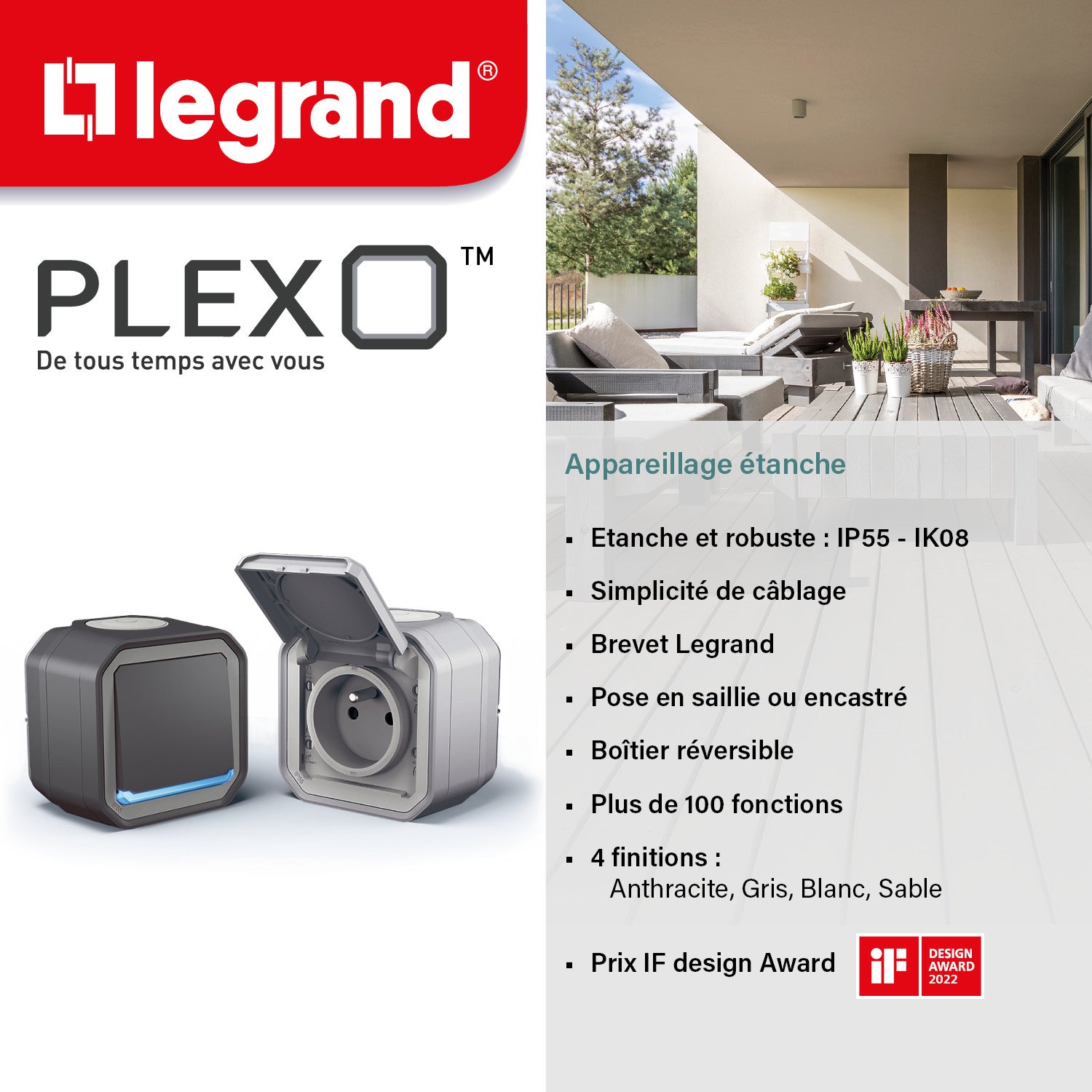 Prise avec terre et interrupteur étanche saillie Plexo, LEGRAND, gris - 4