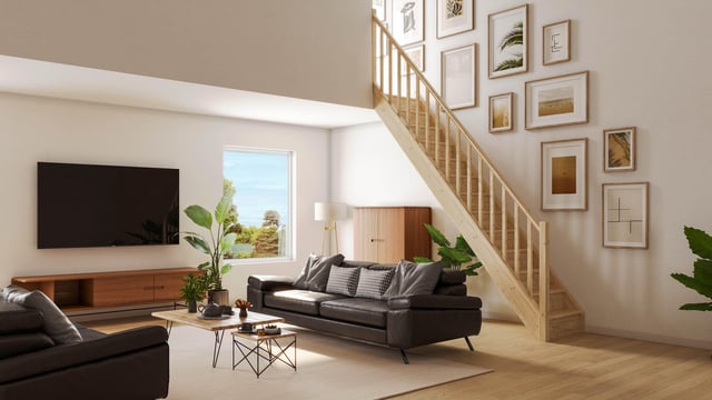 Escalier droit sapin naturel Deva 2, 13 marches rampe à gauche, ACM, l.76 cm