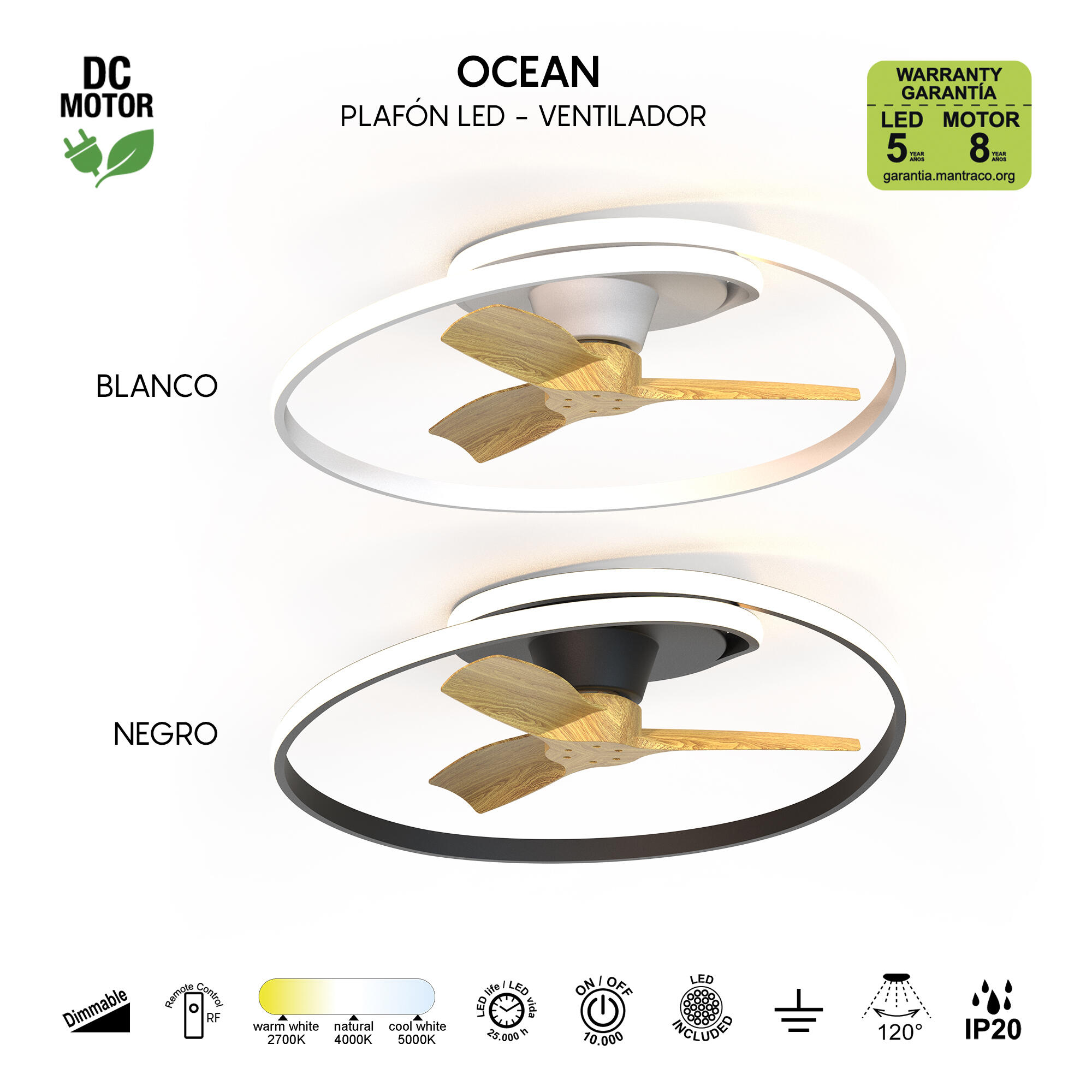 Ventilador de techo con luz DC 35W ø78 cm Ocean MANTRA negro luz CCT 3 velocidades| modo verano/invierno| recomendado para <13m² - 6