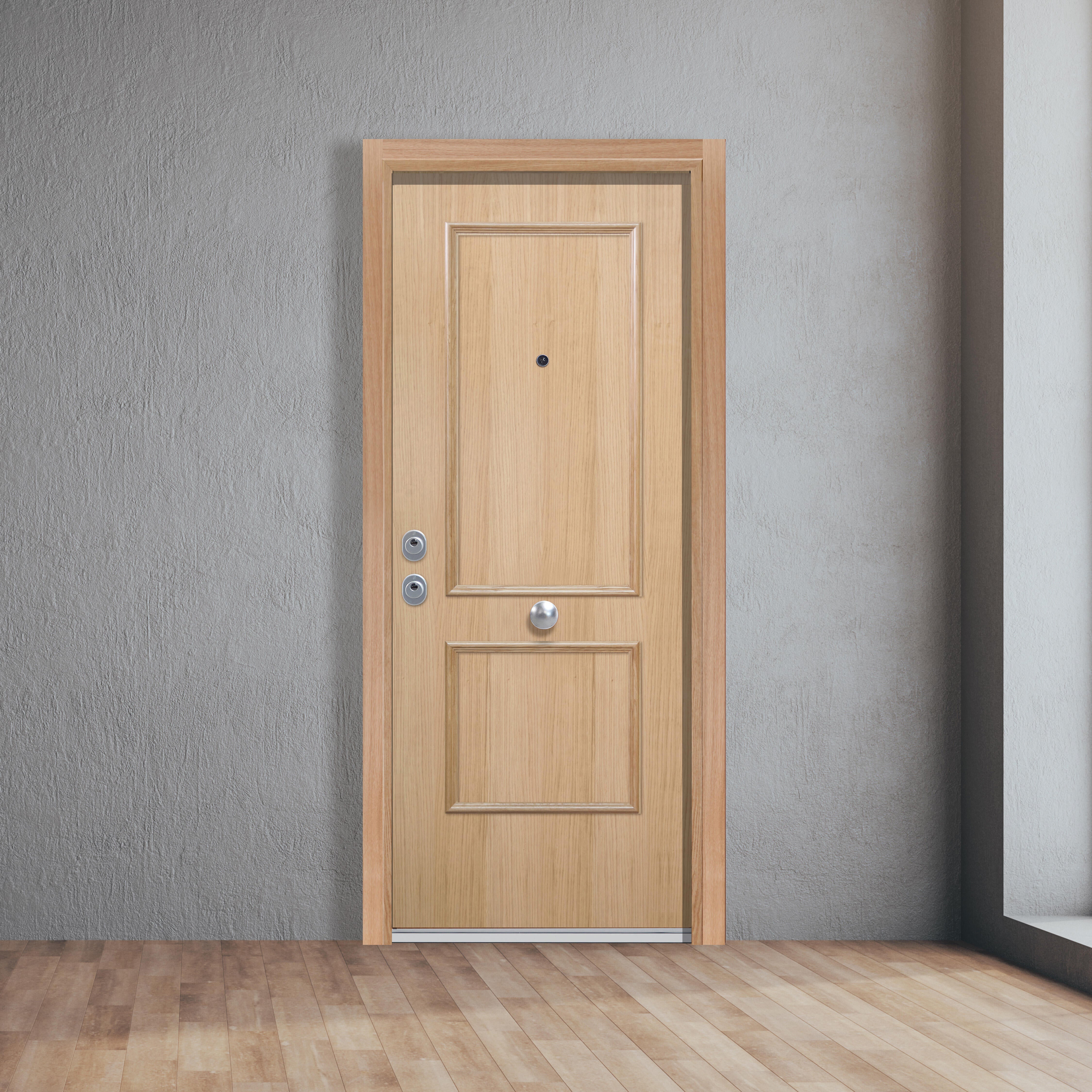 Puerta de entrada acorazada serie silver 2,0 dos cuadros roble / interior liso roble apertura derecha 208x90.3cm