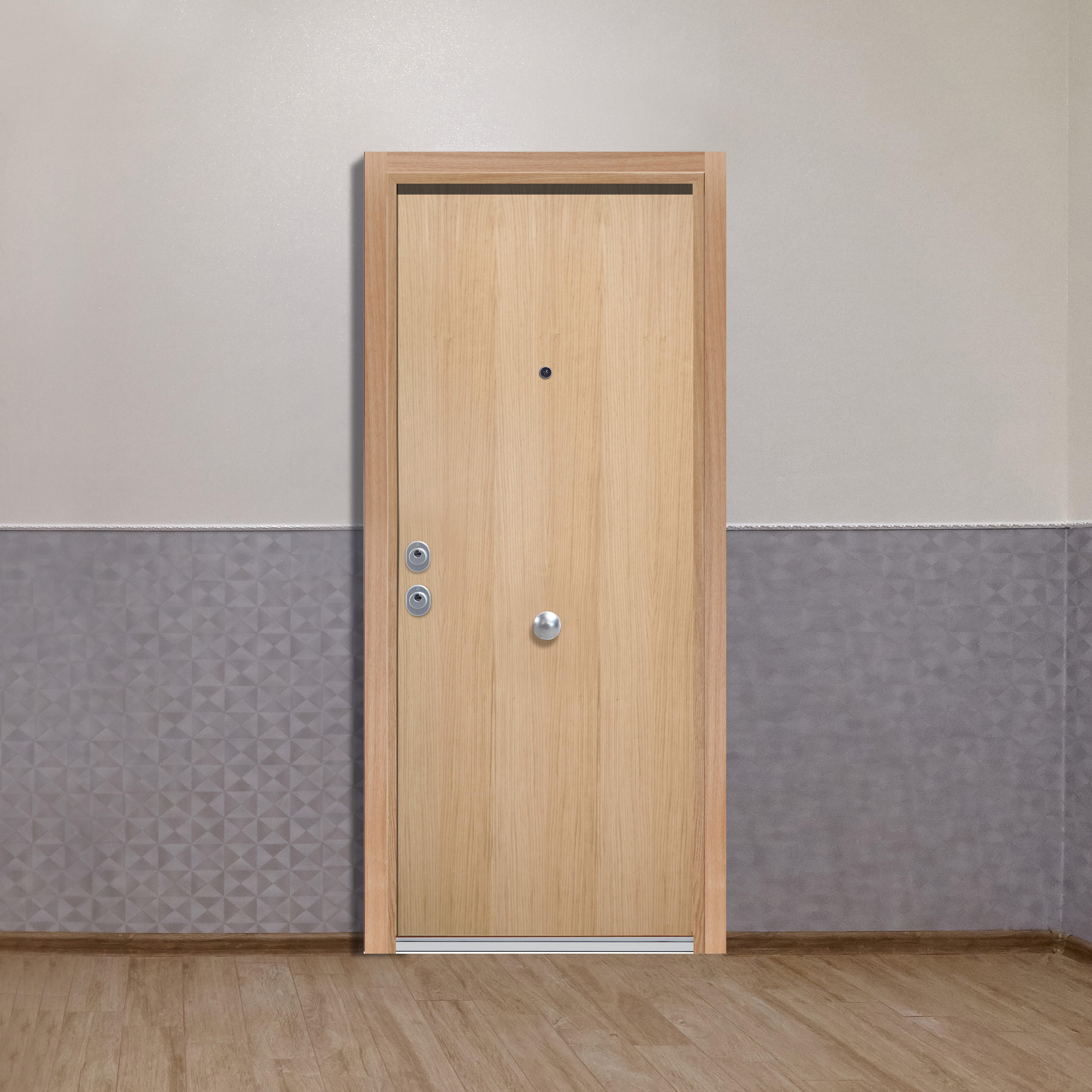 Puerta de entrada acorazada serie silver 2,0 liso roble / interior liso blanco apertura derecha 208x90.3cm