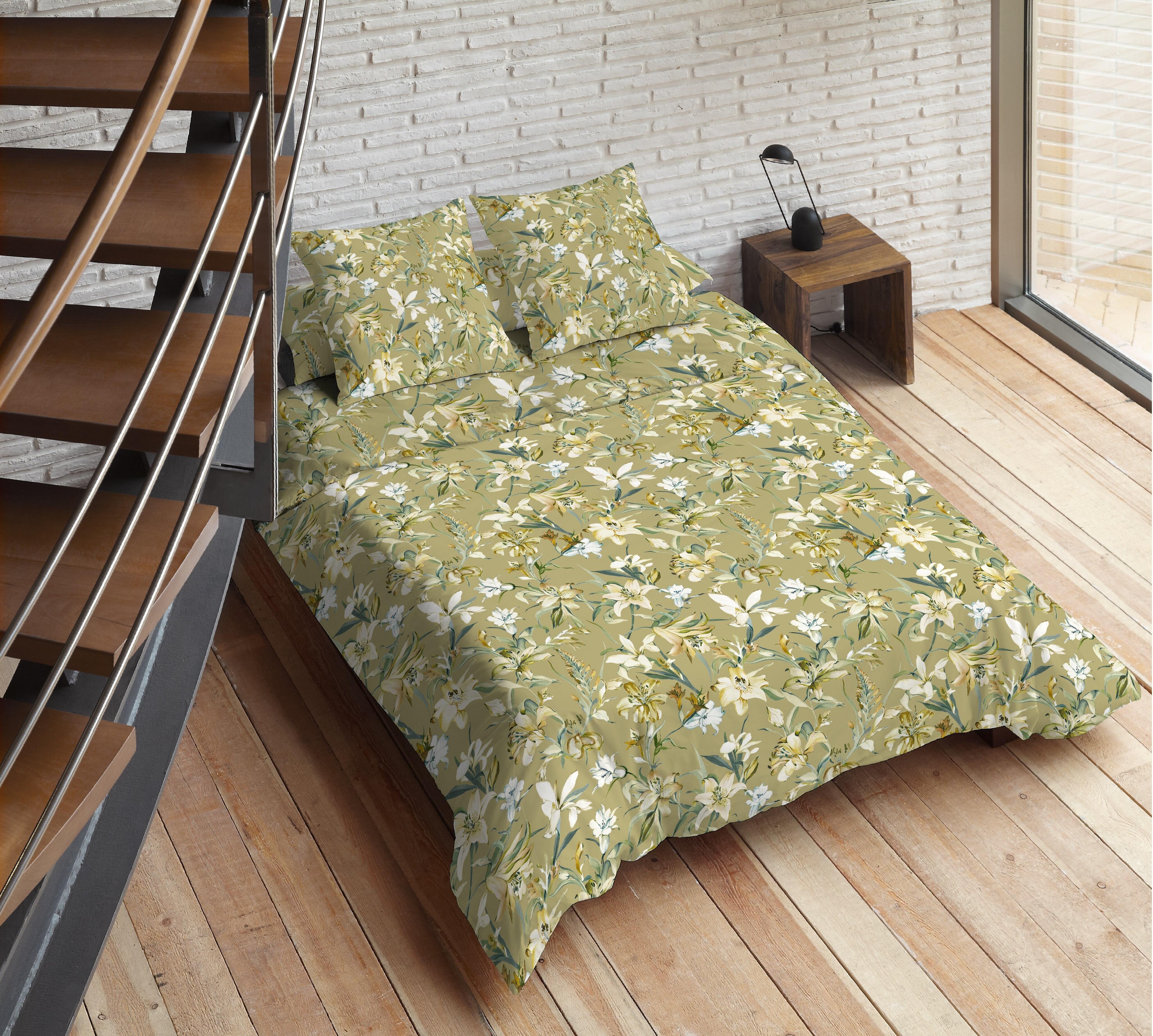 Capa de edredão Maratea Algodão flor 200 fios mostarda e bege para cama de 180cm - 2