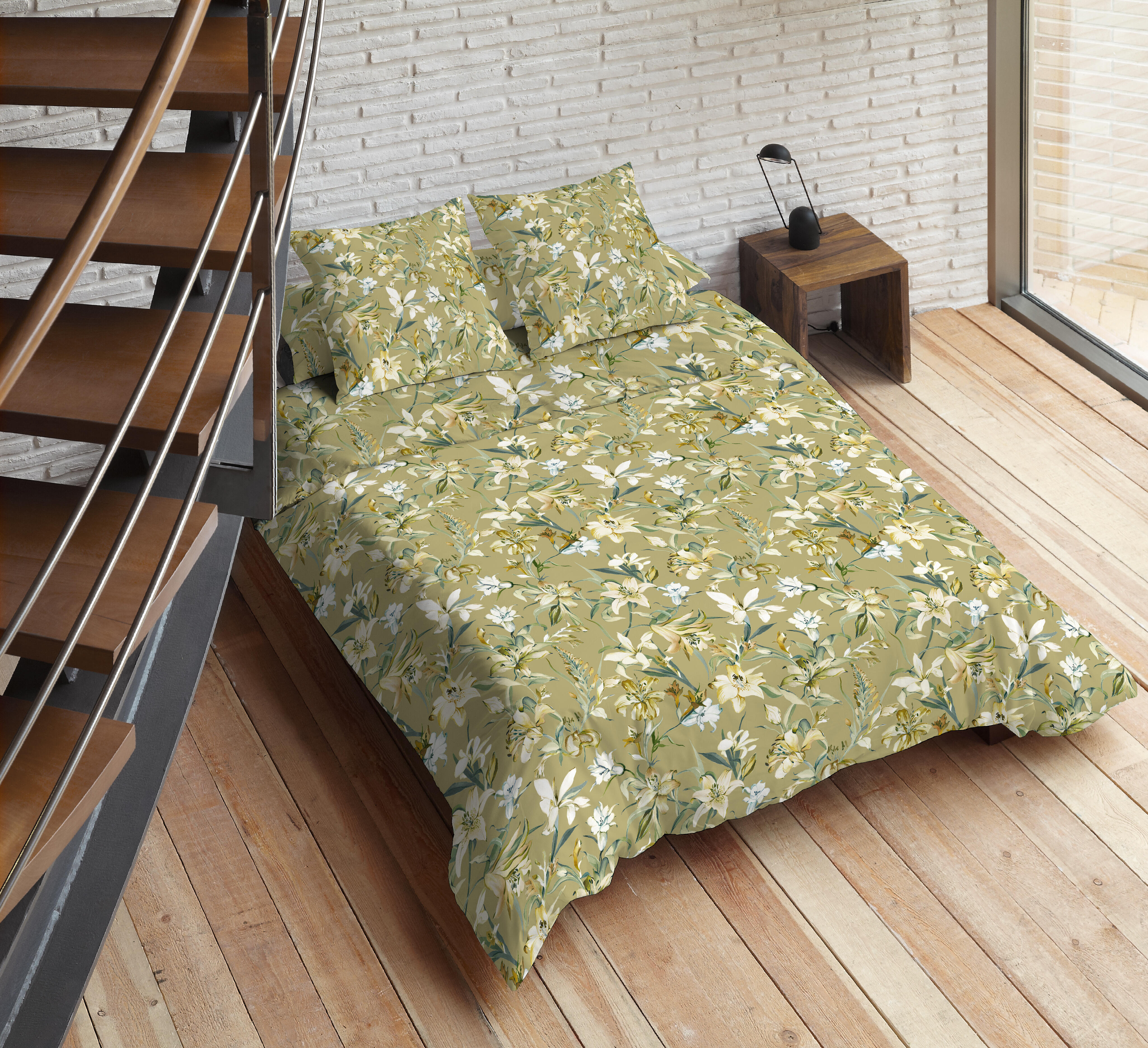 Capa de edredão Maratea Algodão flor 200 fios mostarda e bege para cama de 135cm - 4