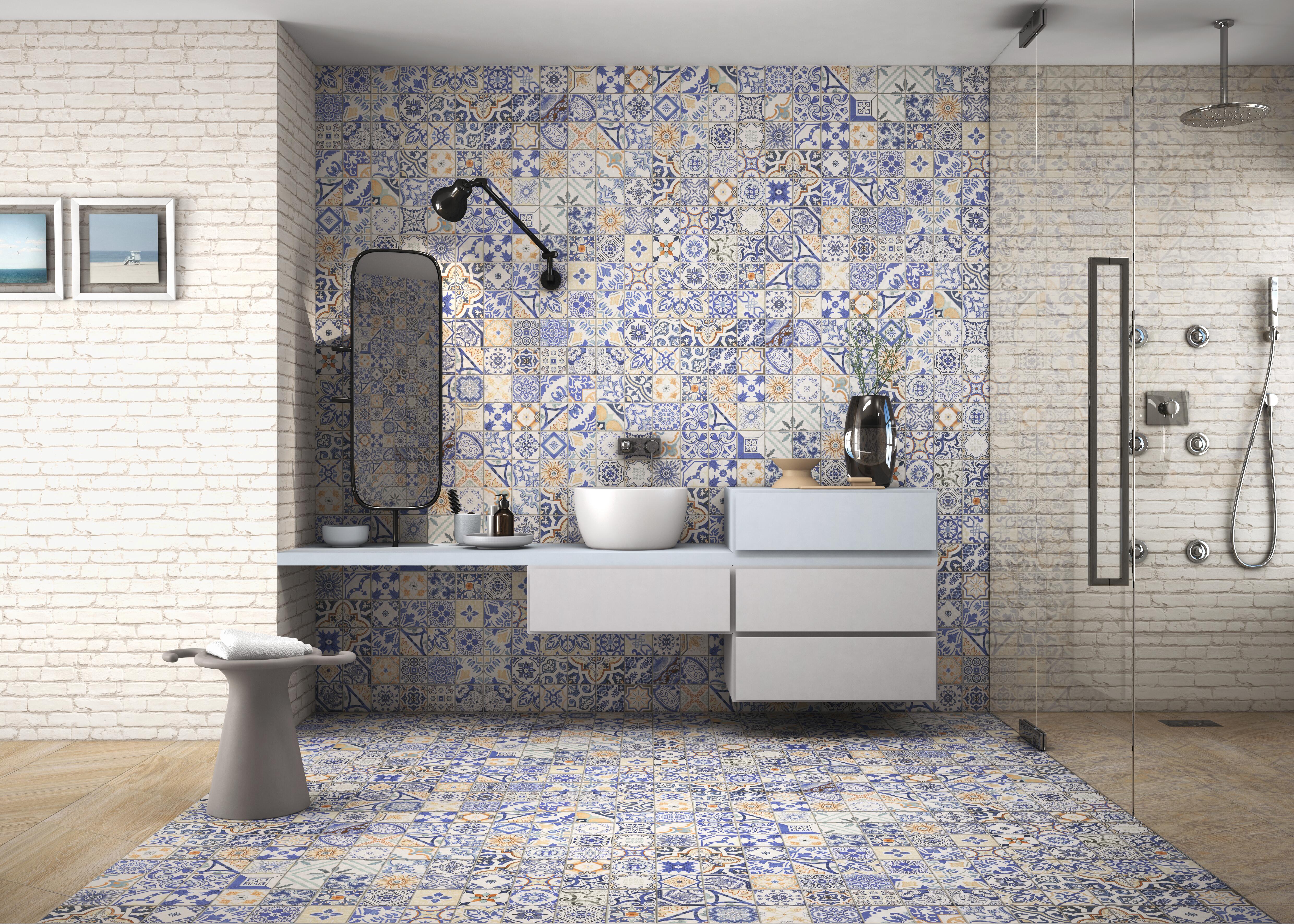 Suelo/azulejo porcelánico medes efecto hidráulico azul 44x44 cm c1