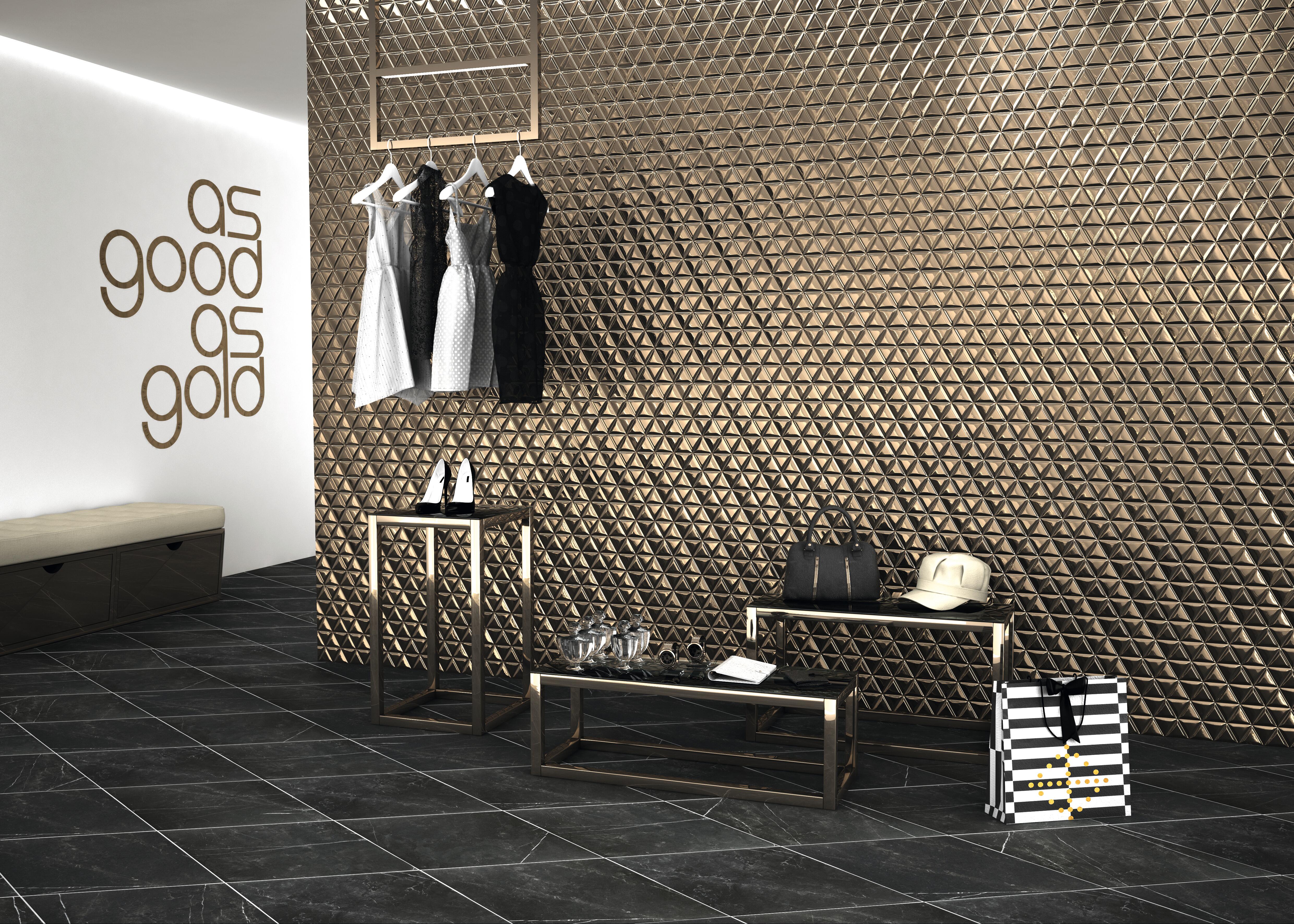 Azulejo porcelánico diamond waves efecto metal dorado 40x70 cm