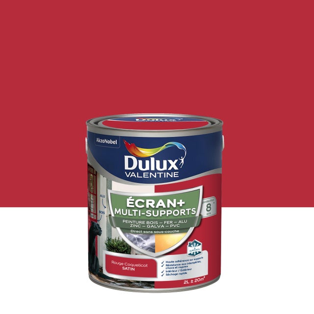 Peinture extérieure bois, fer, pvc Ecran+ DULUX VALENTINE rouge coquel. satin 2l