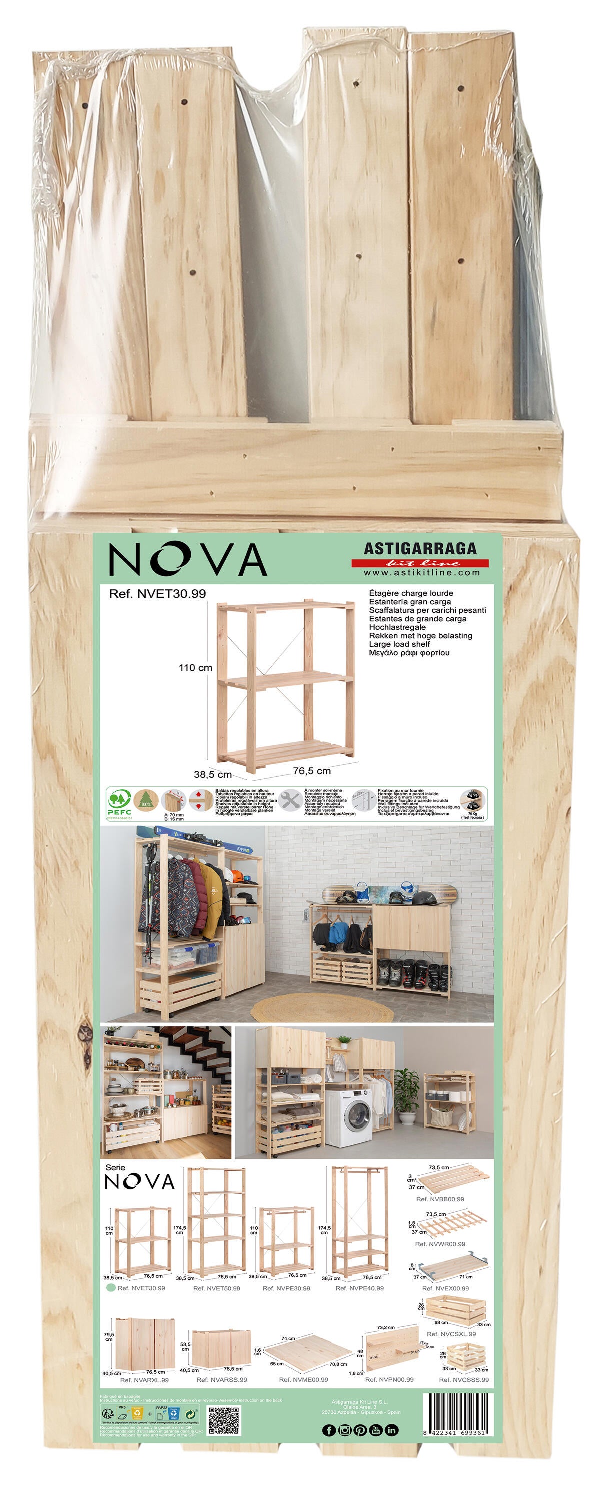 Estantería de madera en bruto con 3 baldas ASTIGARRAGA carga máxima 225 kg 110x76.5x38.5cm - 16