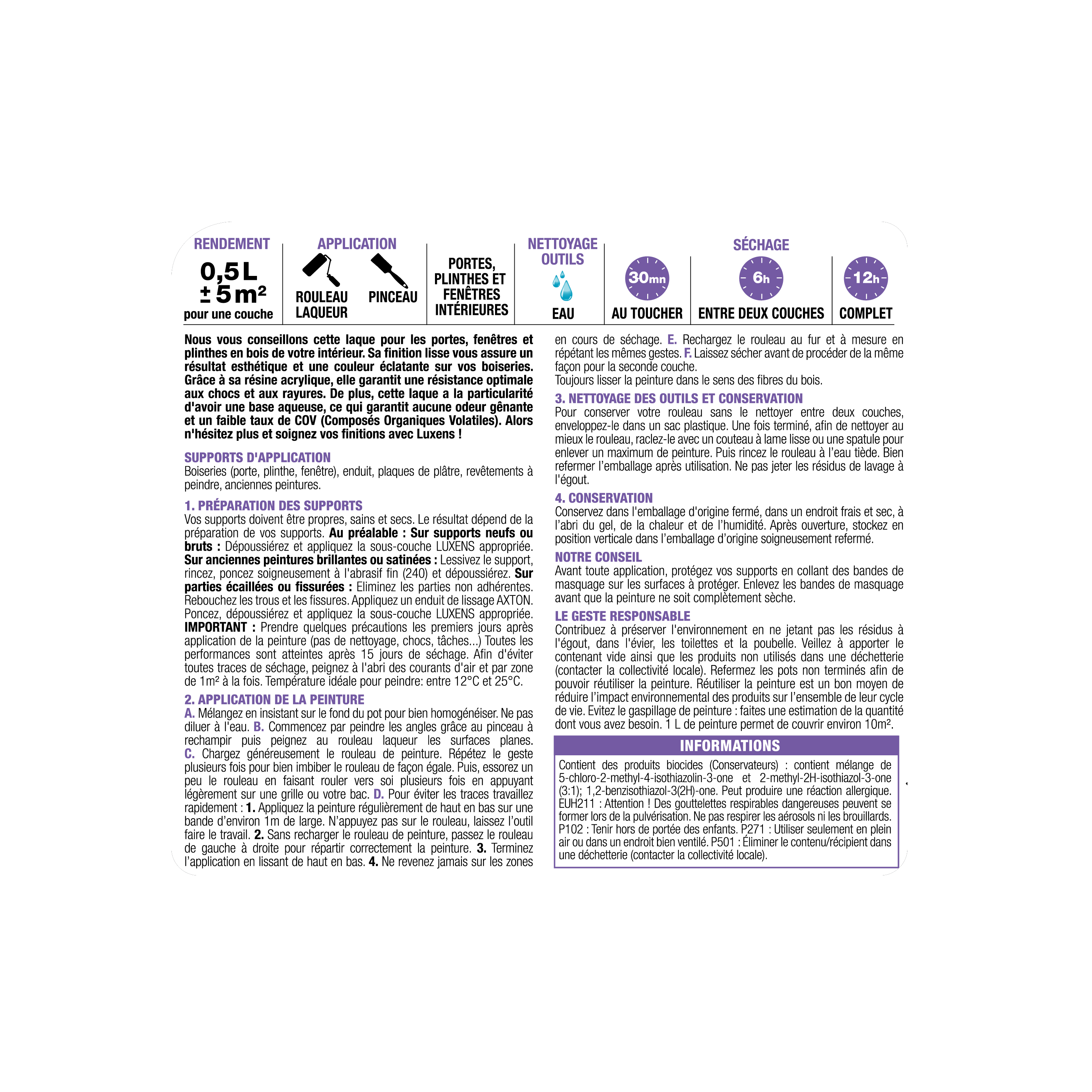 Laque intérieure porte, fenêtre, boiserie blanc brillant LUXENS Laque 0.5L - 7