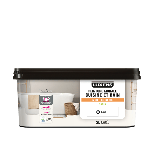Peinture mur, boiserie blanc satin LUXENS Cuisine et bain 2L