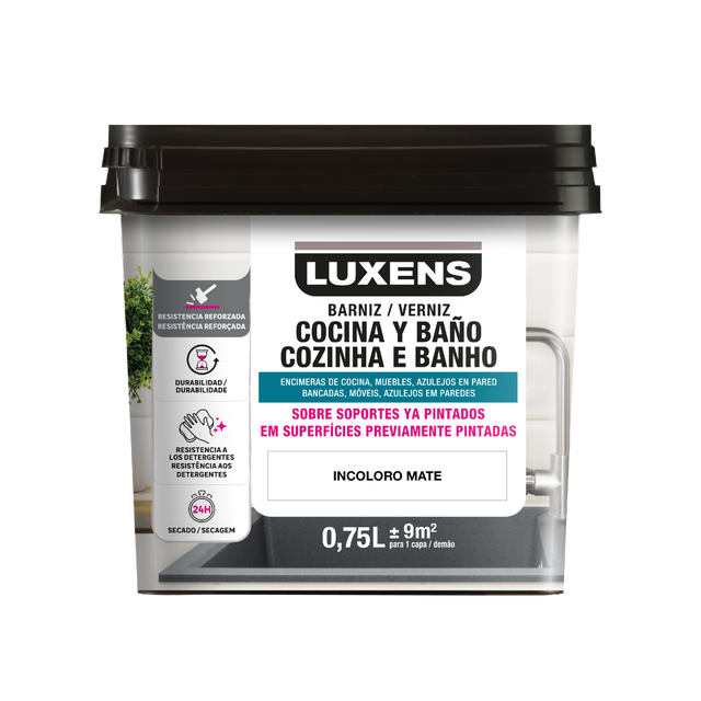 Barniz de madera interior LUXENS Cocinas en color transparente, acabado mate para encimeras líquido de 750 ml. Base agua.