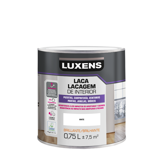 Esmalte de interior laca LUXENS color blanco brillante 750ml para puertas, ventanas y carpintería