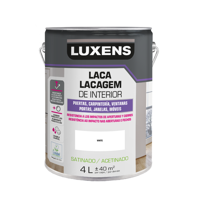 Esmalte de interior laca LUXENS color blanco satinado 4L para puertas, ventanas y carpintería