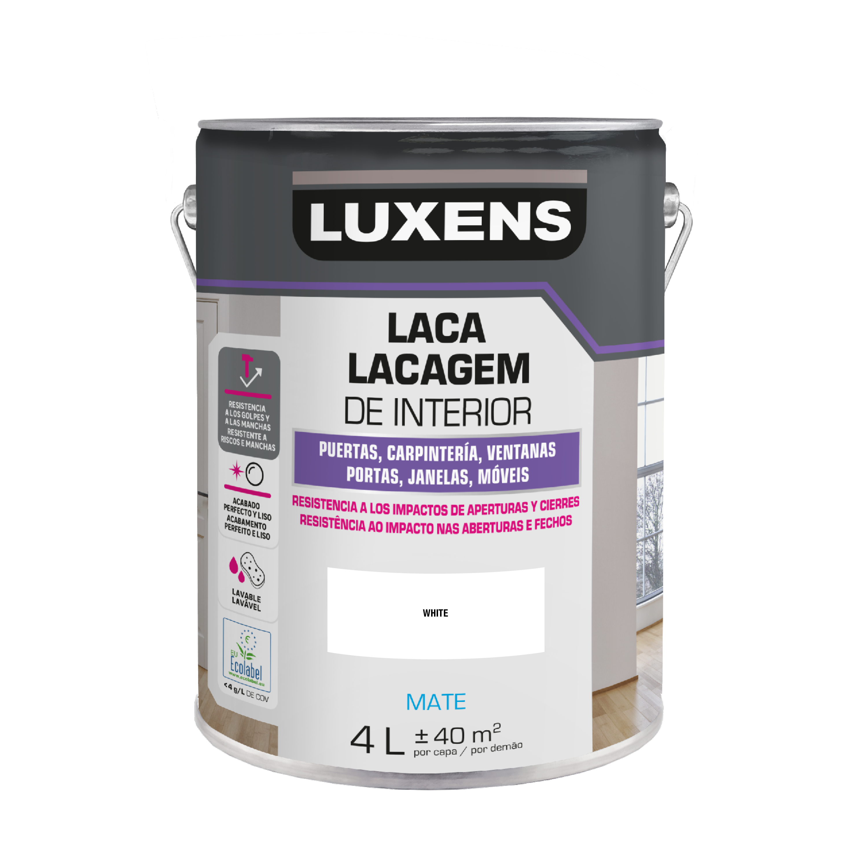 Esmalte de interior laca LUXENS color blanco mate 4L para puertas, ventanas y carpintería - 2