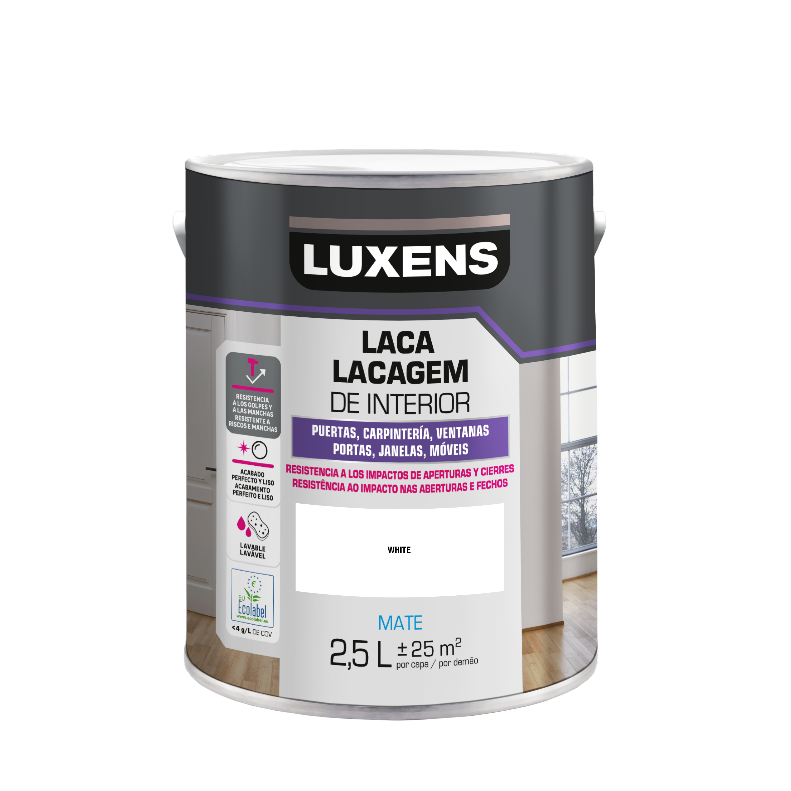 Tinta lacagem interior mate branco 2,5 L Luxens - 2