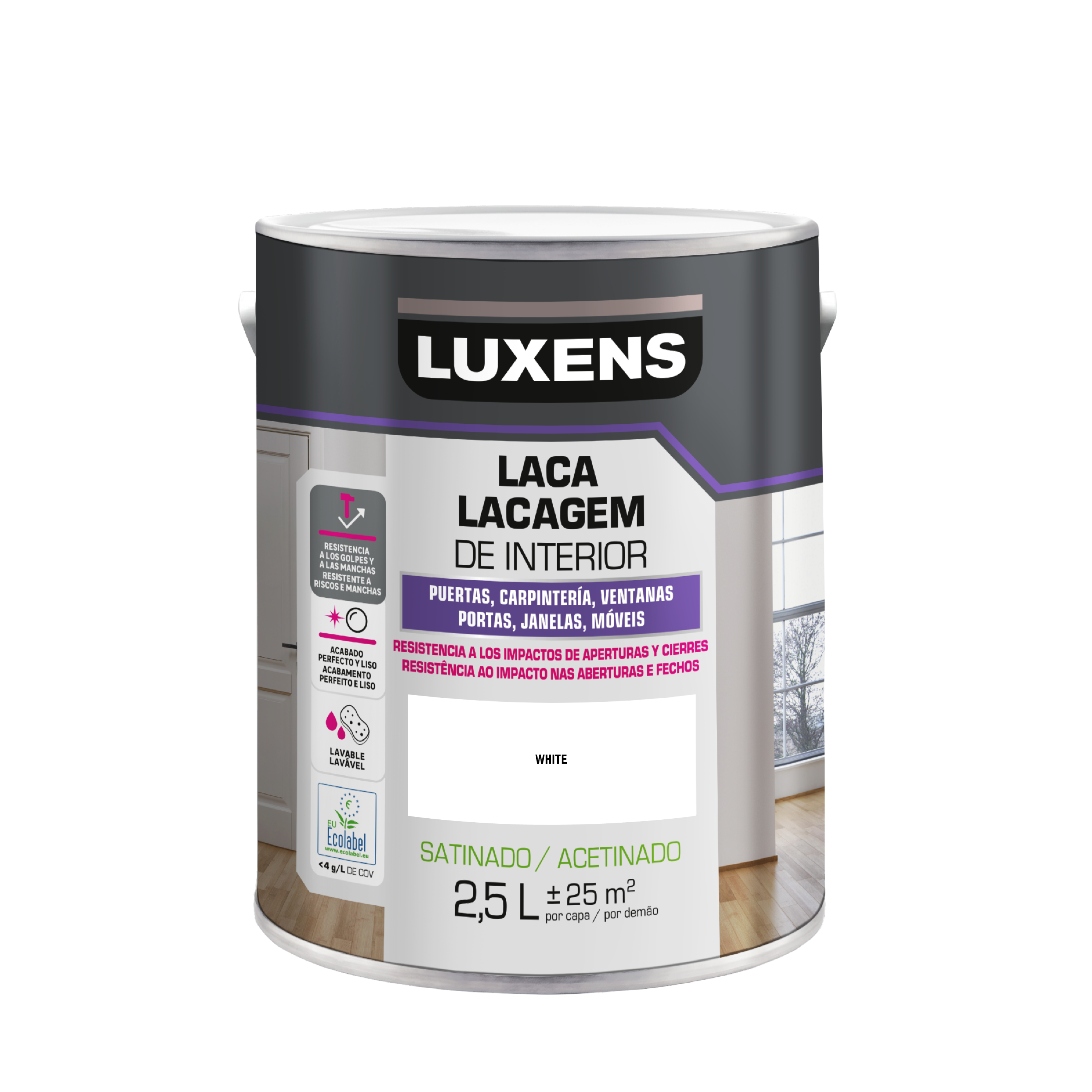 Tinta lacagem interior acetinada branco 2,5 L Luxens - 2