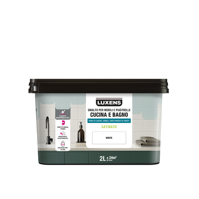 Smalto da interno per mobile e piastrelle super lavabile, antimacchia, LUXENS Cucina e Bagno bianco white satinato, 2 L