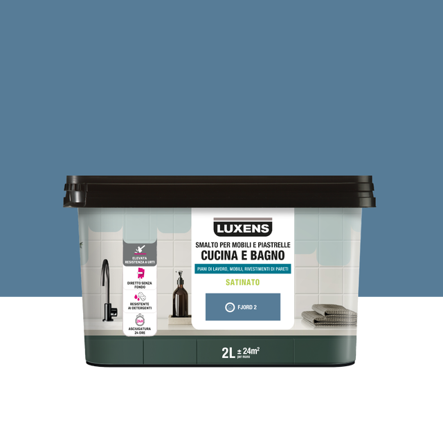 Smalto da interno per mobile e piastrelle super lavabile, antimacchia, LUXENS Cucina e Bagno blu fjord 2 satinato, 2 L