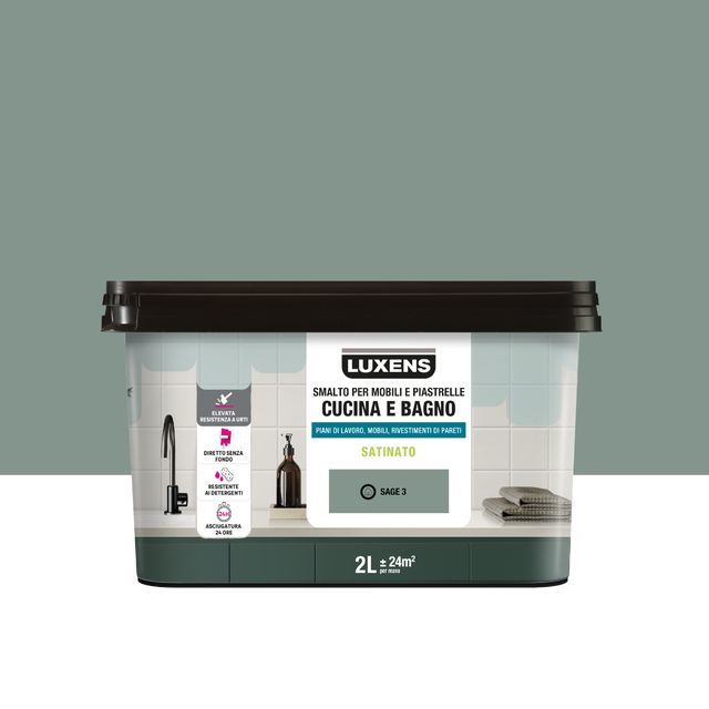 Smalto da interno per mobile e piastrelle super lavabile, antimacchia, LUXENS Cucina e Bagno verde sage 3 satinato, 2 L