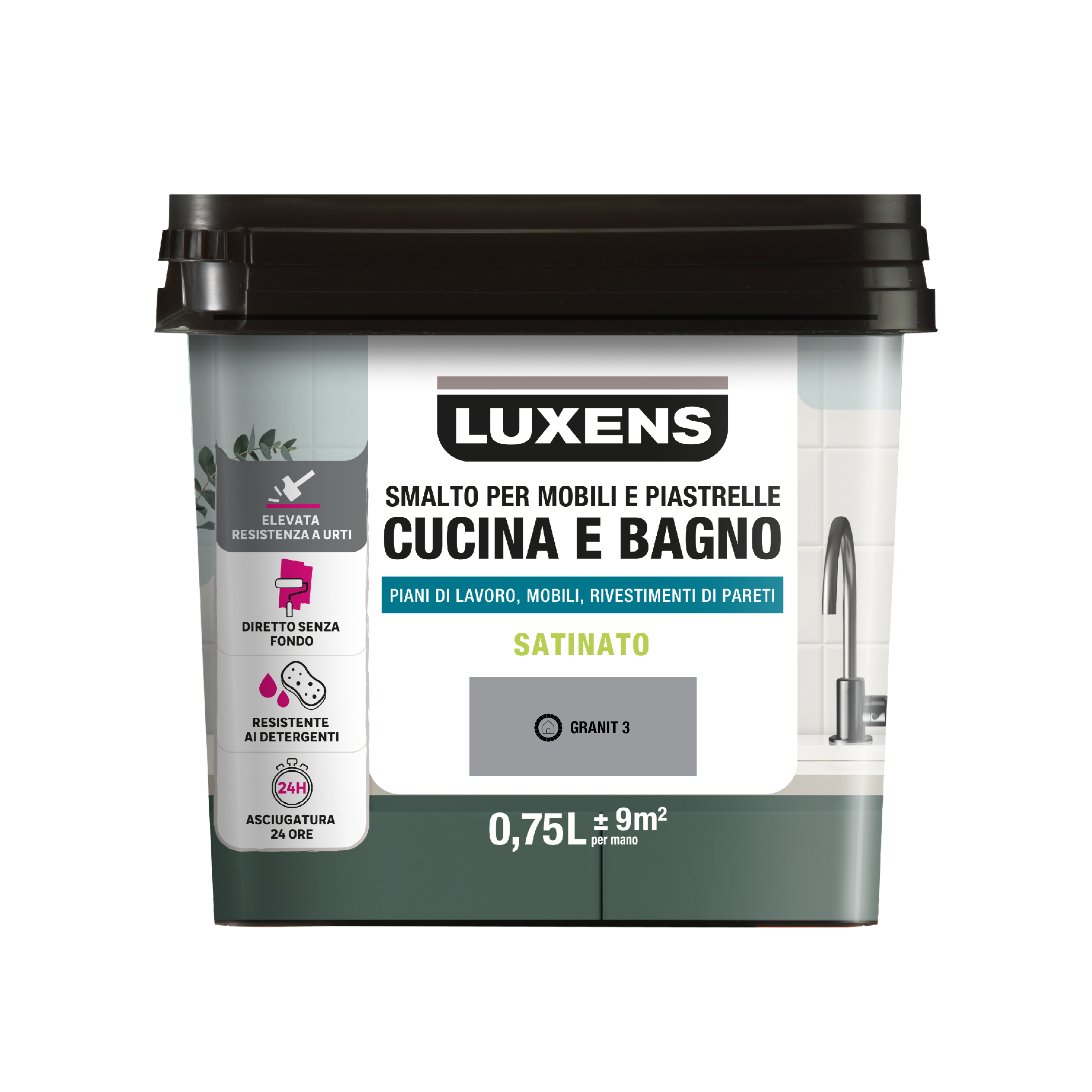 Smalto da interno per mobile e piastrelle super lavabile, antimacchia, LUXENS Cucina e Bagno grigio granit 3 satinato, 0.75 L - 4