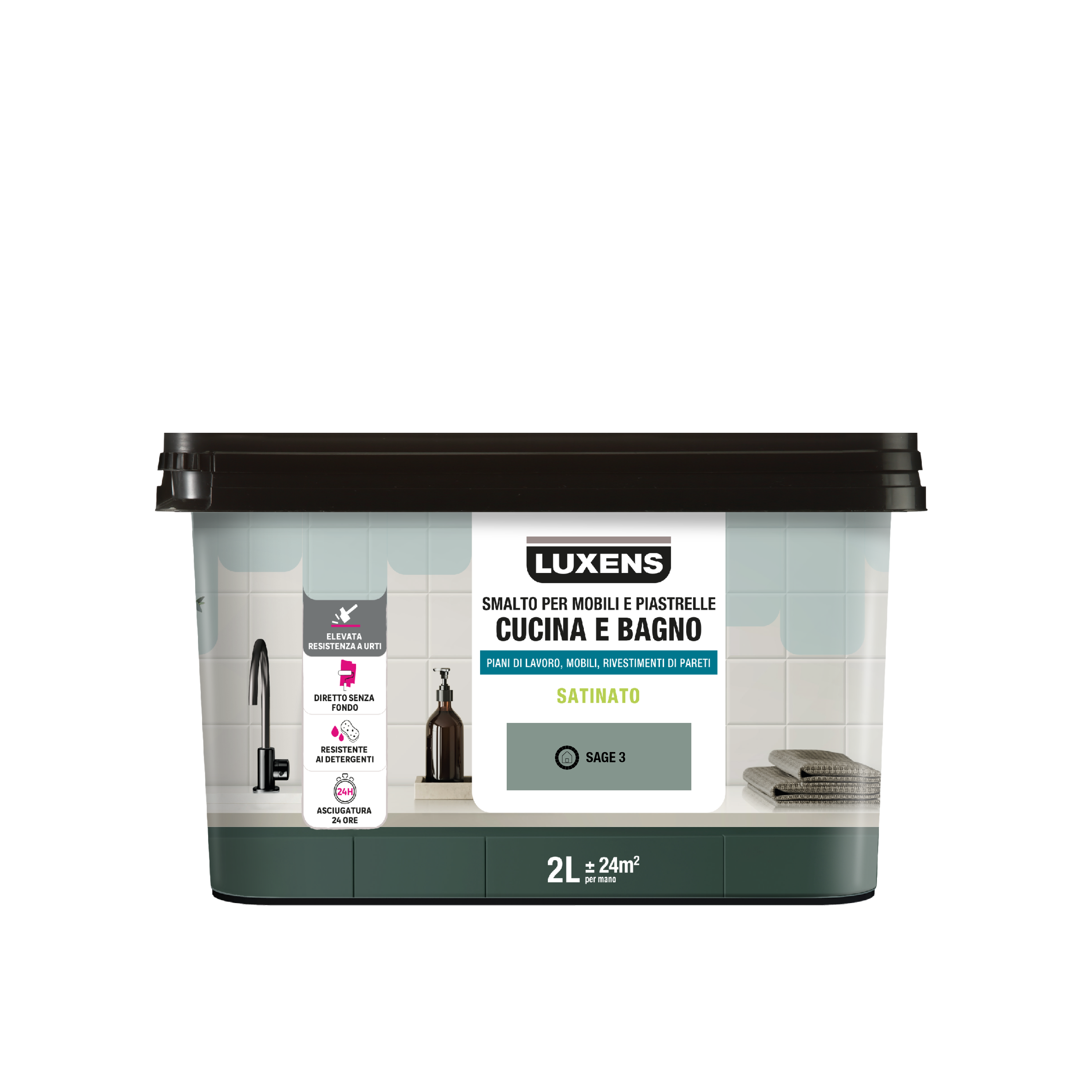 Smalto da interno per mobile e piastrelle super lavabile, antimacchia, LUXENS Cucina e Bagno verde sage 3 satinato, 2 L - 5