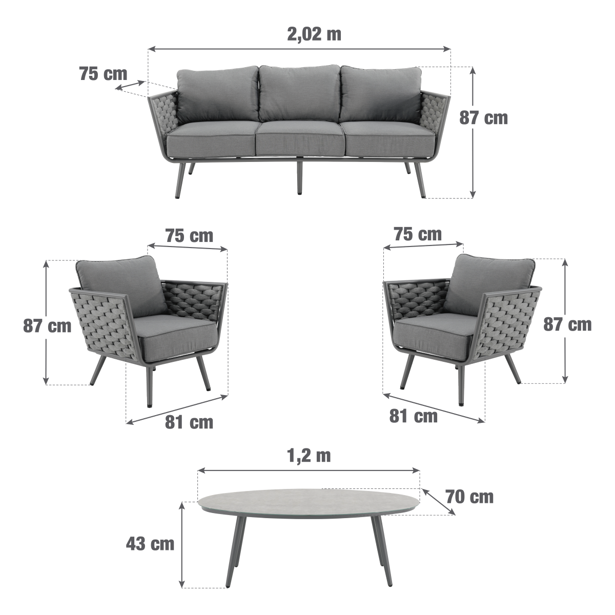Conjunto jardim relax mesa, sofá alumínio Nilo Naterial - 9