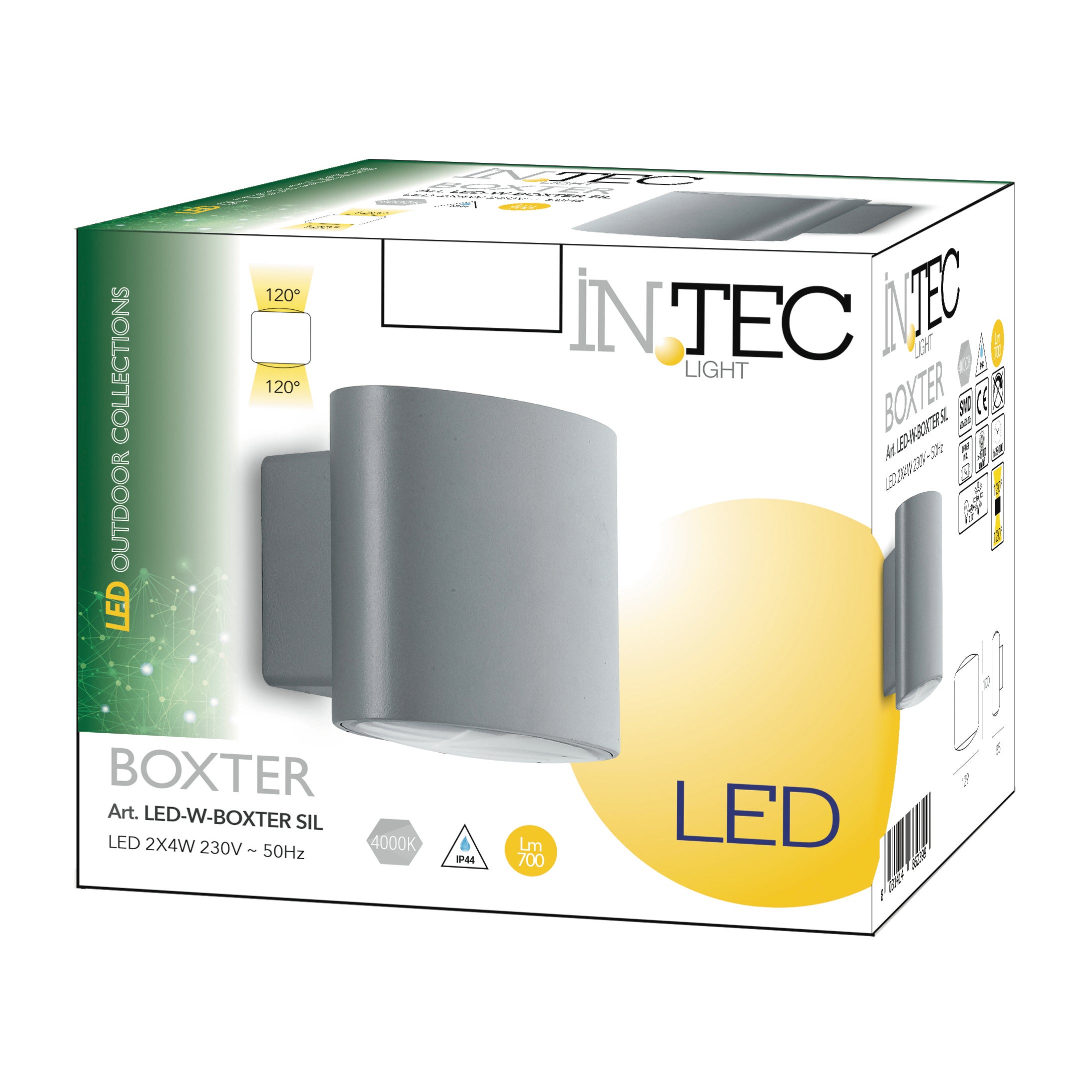 Applique LED moderno da esterno Boxter doppia luce grigio IP44, luce bianco naturale 700 lumen, INTEC - 6