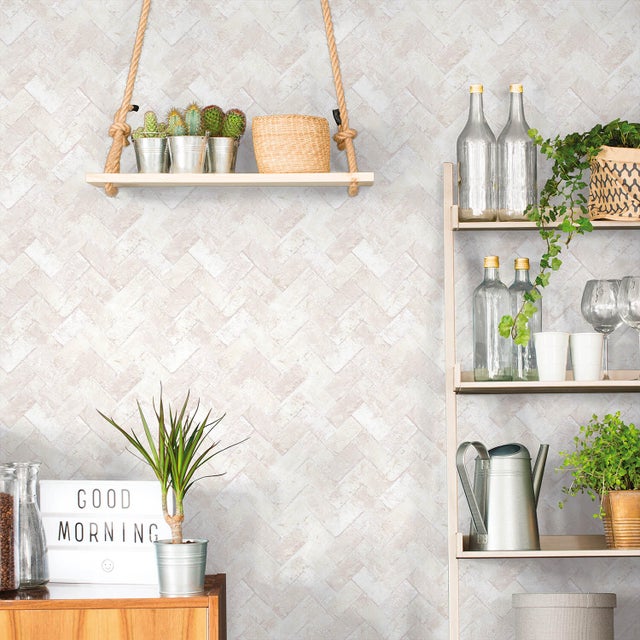 Papier peint intissé Cuisine et bain chevron beige, gris, blanc