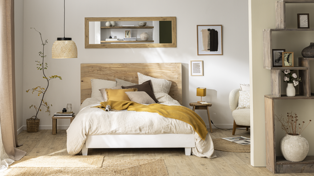 Dormitorio de decoración natural estilo japandi