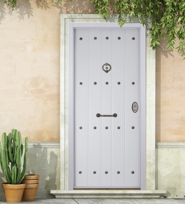 Puerta de entrada acorazada serie V rústico blanco / interior liso blanco apertura izquierda 206x89cm