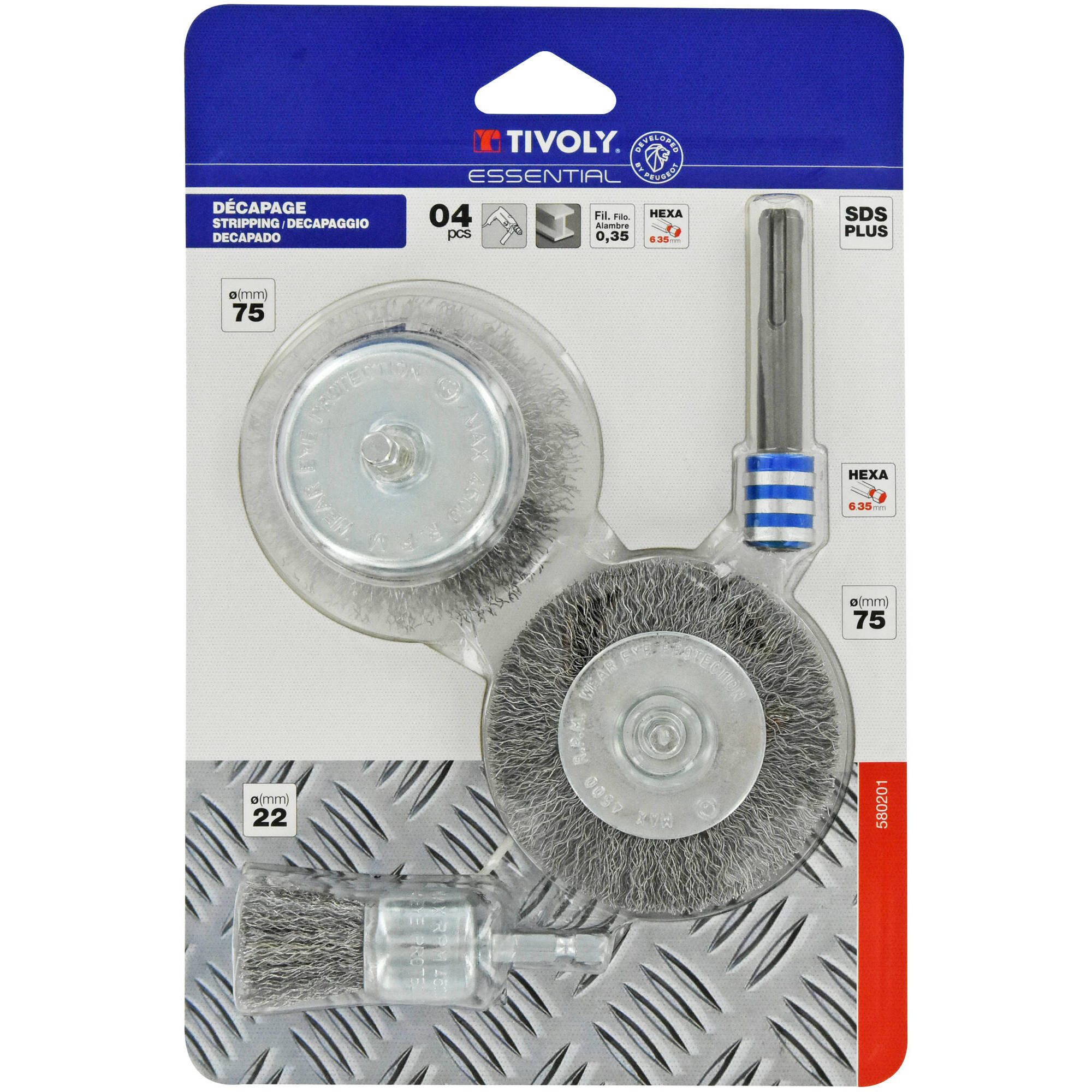 Lot de 3 brosses perceuse pour métal + 1 adaptateur SDS+, Diam.22/75 mm TIVOLY - 2