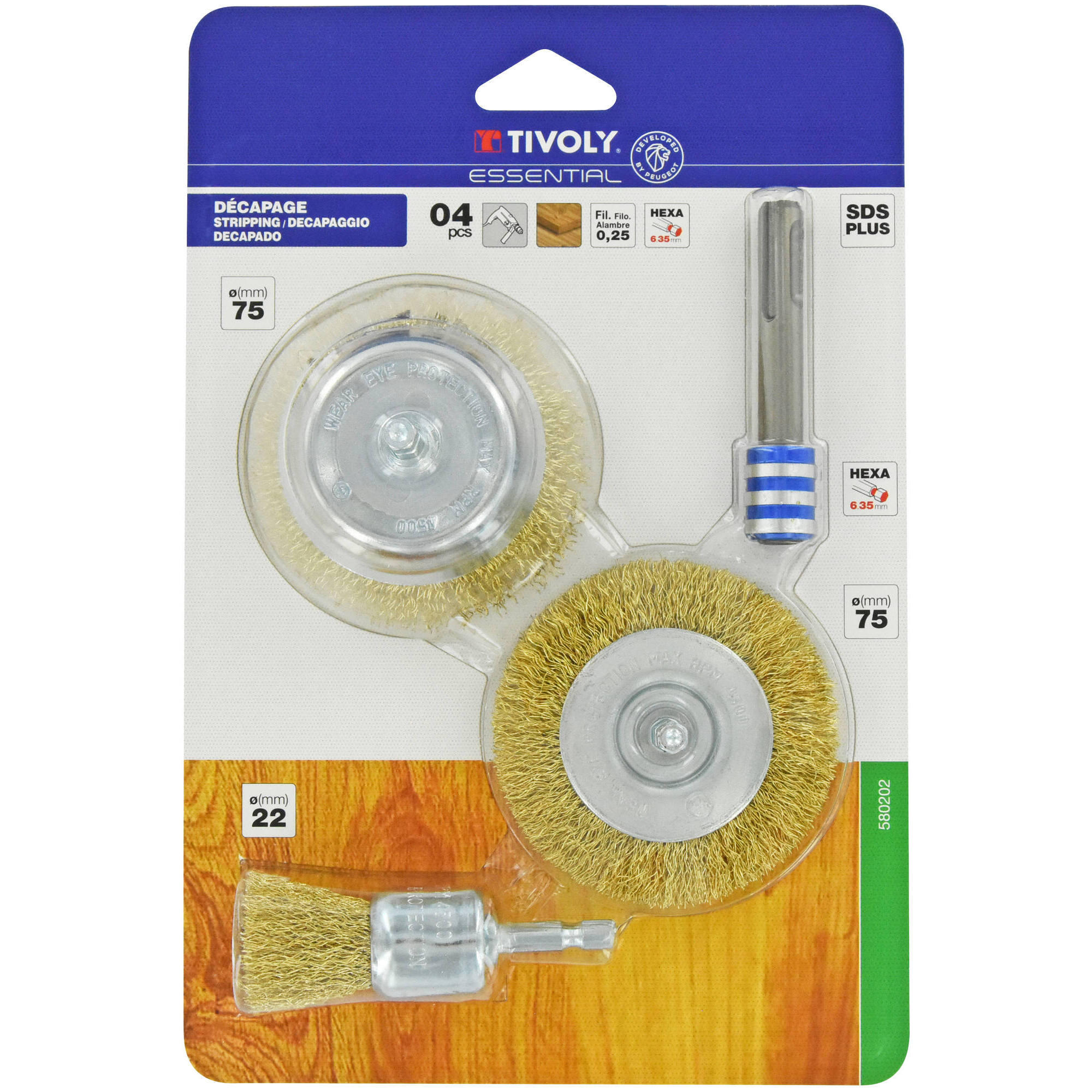 Lot de 3 brosses perceuse pour bois + 1 adaptateur SDS+, Diam.22/75 mm TIVOLY - 2