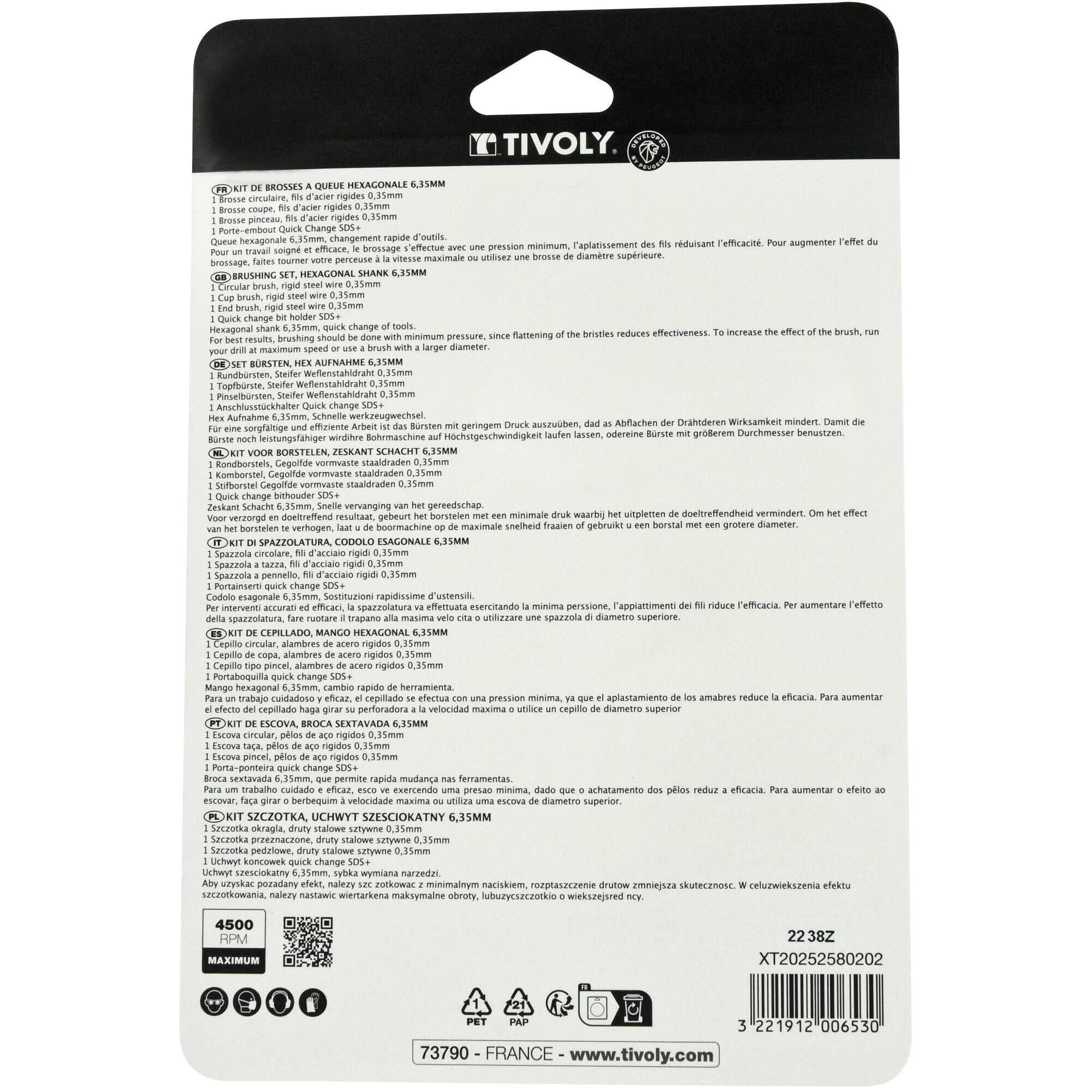 Lot de 3 brosses perceuse pour bois + 1 adaptateur SDS+, Diam.22/75 mm TIVOLY - 5