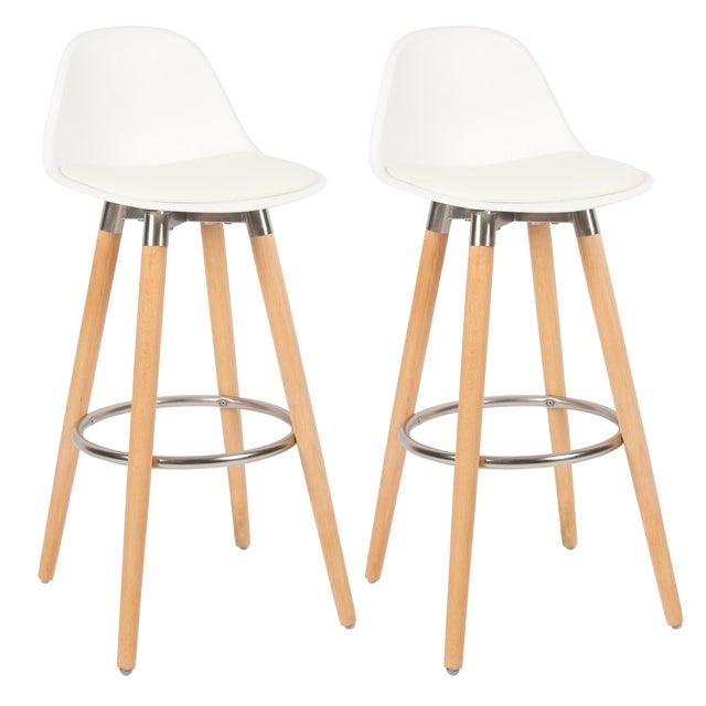 Taburete Bar Giratorio Diseño Moderno Taburete De Bar Miliboo BENT - Diseño Blanco Y Madera Clara, Altura Ajustable, Giro 360°, Base Cromada Taburete Bar Miliboo BENT