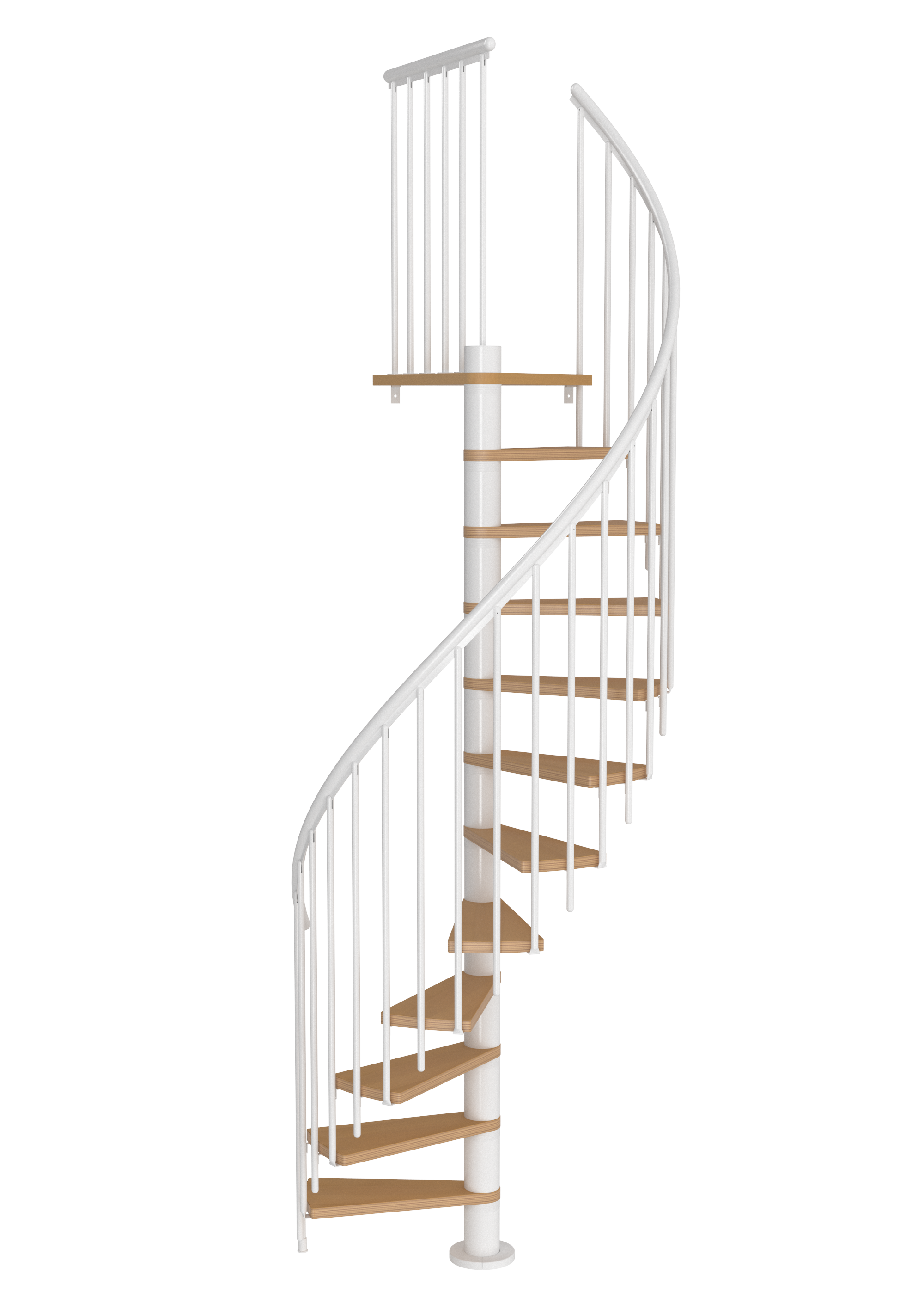 Schody spiralne białe Calgary z dodatkowymi tralkami średnica 120 cm stopnie szerokość 62.7 cm Buk 11 sztuk Dolle