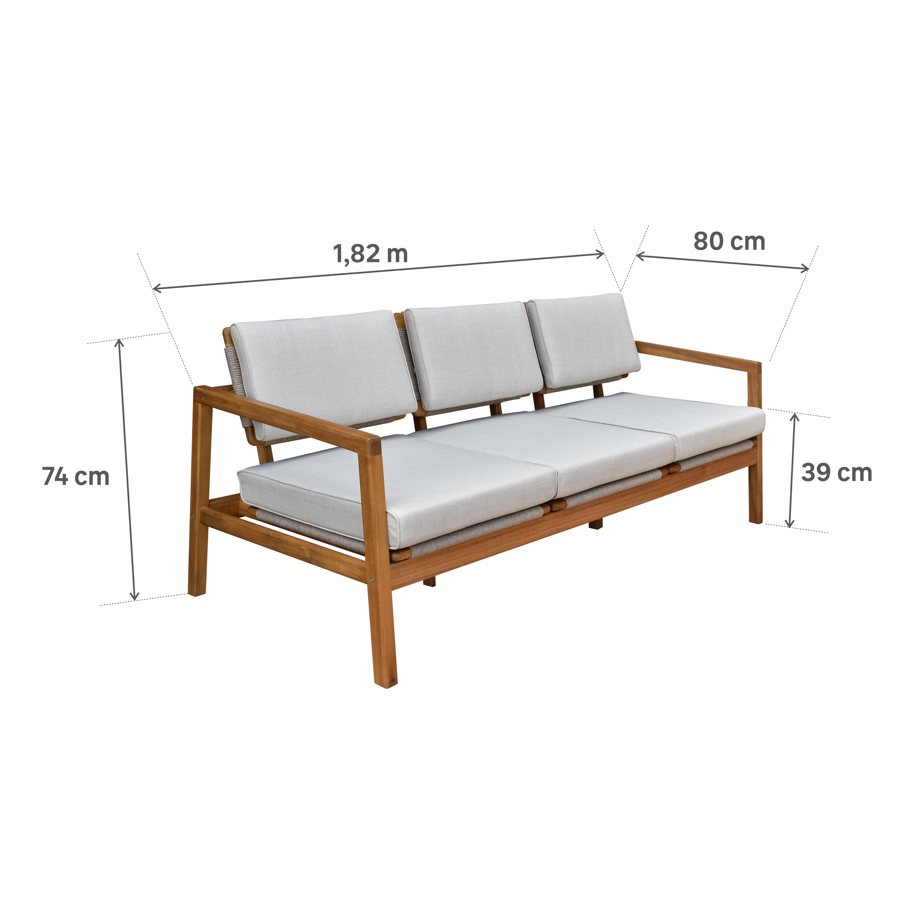 Divano da giardino con cuscino beige e braccioli Oasis NATERIAL da 3 posti, struttura in acacia marrone seduta in poliestere marrone, L 182 x H 74 x P 80 cm - 20