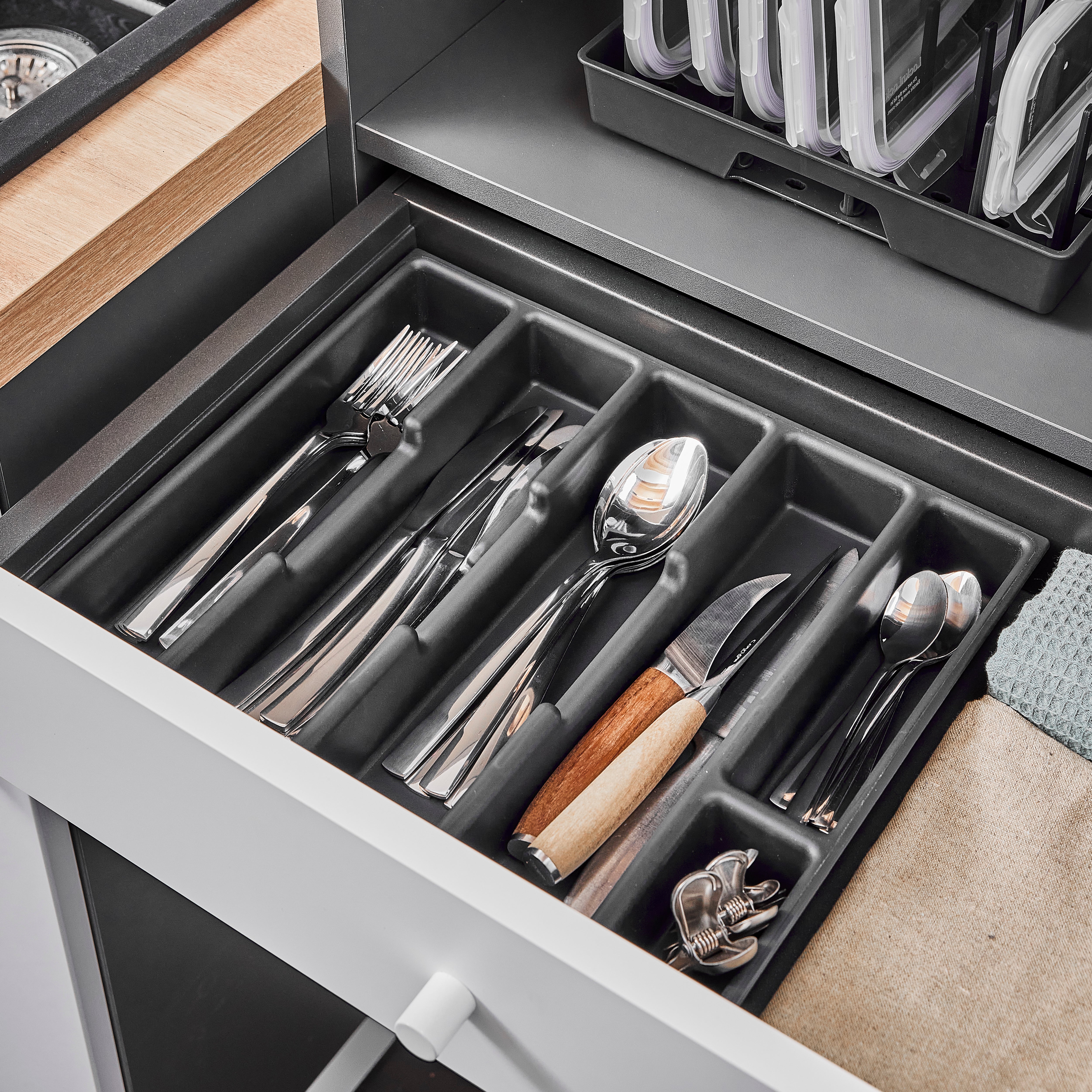 Organisateur Tiroir Couverts En Silicone - 8 Compartiments - Noir - 37x32 Cm (pliée) / 55,5x37 Cm (étendue) - Pour Cuisine