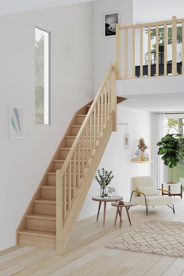 Escalier 1/4tournant haut droit hêtre Soft Classic ACM 13marches, rampe à droite