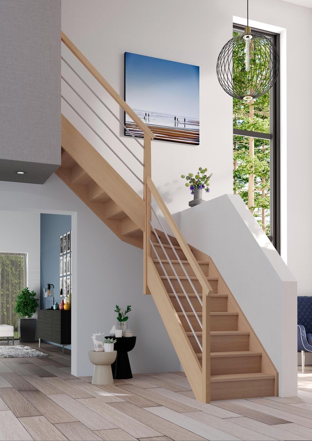 Escalier 1/4tournant milieu gauche hêtre Soft Tubes ACM 14marches rampe à gauche