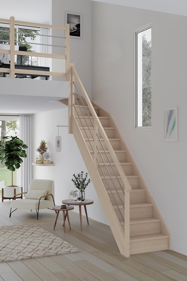 Escalier 1/4tournant haut gauche hêtre Soft Tubes ACM 13 marches, rampe à gauche