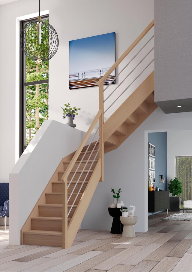 Escalier 1/4tournant milieu droit hêtre Soft Tubes ACM 14marches, rampe à droite